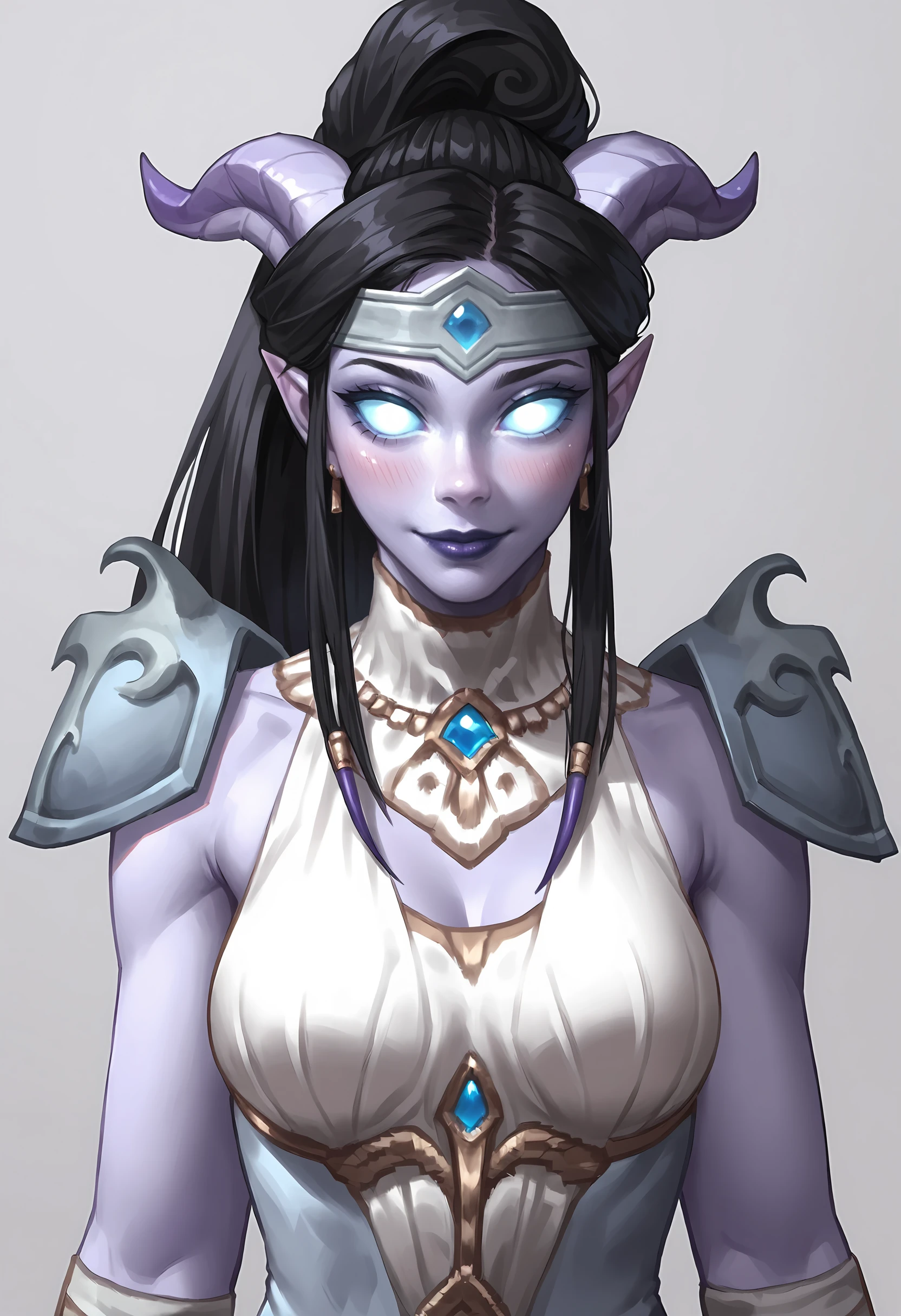 score_9, score_8_up, score_7_up, score_6_up, score_5_up, score_4_up, 1girl, <lora:DraeneiMoonclothWOW:0.85> , blue sclera, colored sclera, colored skin, purple skin, horns, glowing eyes, black hair, ponytail, long hair, pointy ears, purple lips, breasts, dress, shoulder armor, white dress, upper body, smile, looking at viewer, blush, 
simple background,