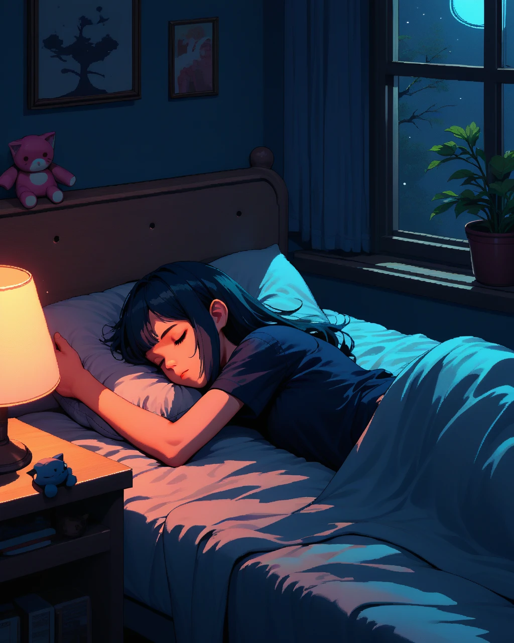 zPDXL3, score_9_up, score_8_up, score_7_up, (Anime_source), 1girl, pillow, stuffed_toy, closed_eyes, stuffed_animal, solo, lying, indoors, on_stomach, object_hug, night, long_hair, bangs, tree, black_hair, lamp, on_bed, bed_sheet, light_particles, window, stuffed_cat, shirt, short_sleeves, bed, sleeping, under_covers, blanket, light, blue_theme,  <lora:NeoNiPixelNN_2:0.8> Pixel Art Neo-Noir