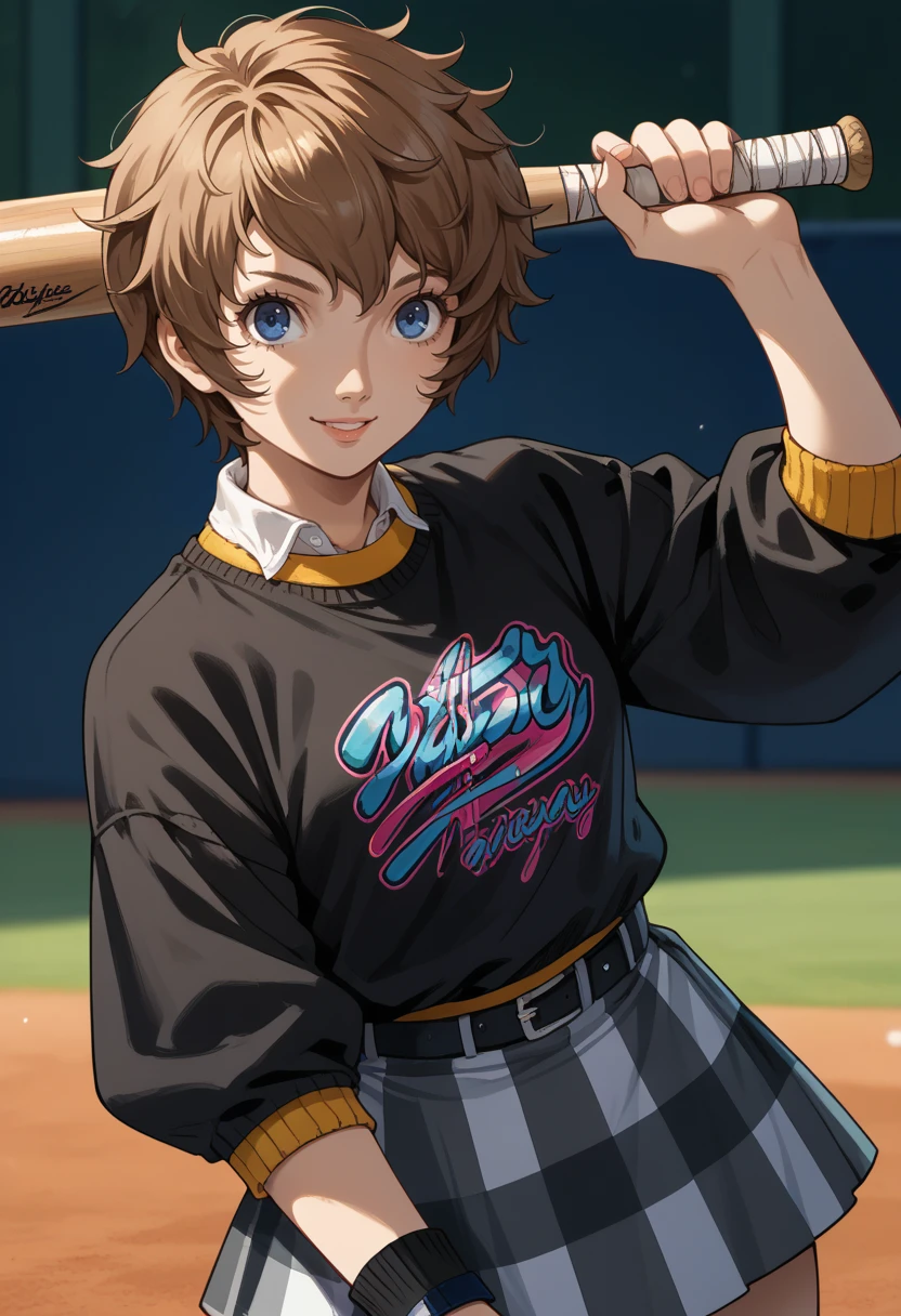 score_9, score_8_up, score_7_up, source_anime, 1girl
<lora:zs_AraiV2XL:1> araip5x, brown hair, short hair, messy hair, blue eyes, black sweater, shirt, plaid skirt
 cowboy shot, baseball pitch, smile, holding baseball bat, looking at viewer,