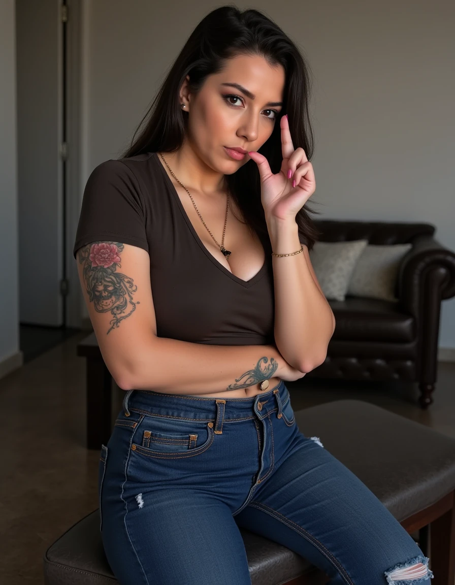 <lora:Small Penis Humiliation (Flux):1>,realistic,a woman wearing jeans and tshirt,sphf1ngers,looking at viewer,indoors,tattoo,sitting,