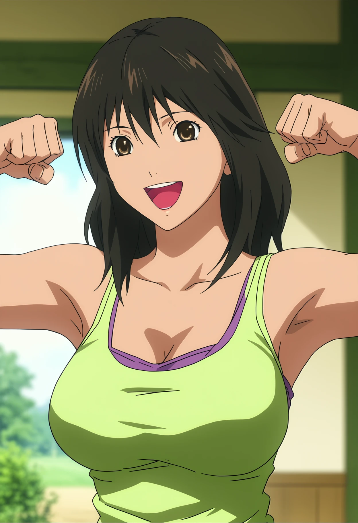 score_9, score_8_up, score_7_up, source_anime, BREAK 1girl, solo, anime screencap, anime coloring, black hair, brown eyes, large breast, <lora:misakiya:1>, (flexing), (Caramel)(Asymmetrical hem tank top with a colorblock design.:1.2), (Celadon green)(Cargo culottes), (farm background:1.2), (look), (laughing)