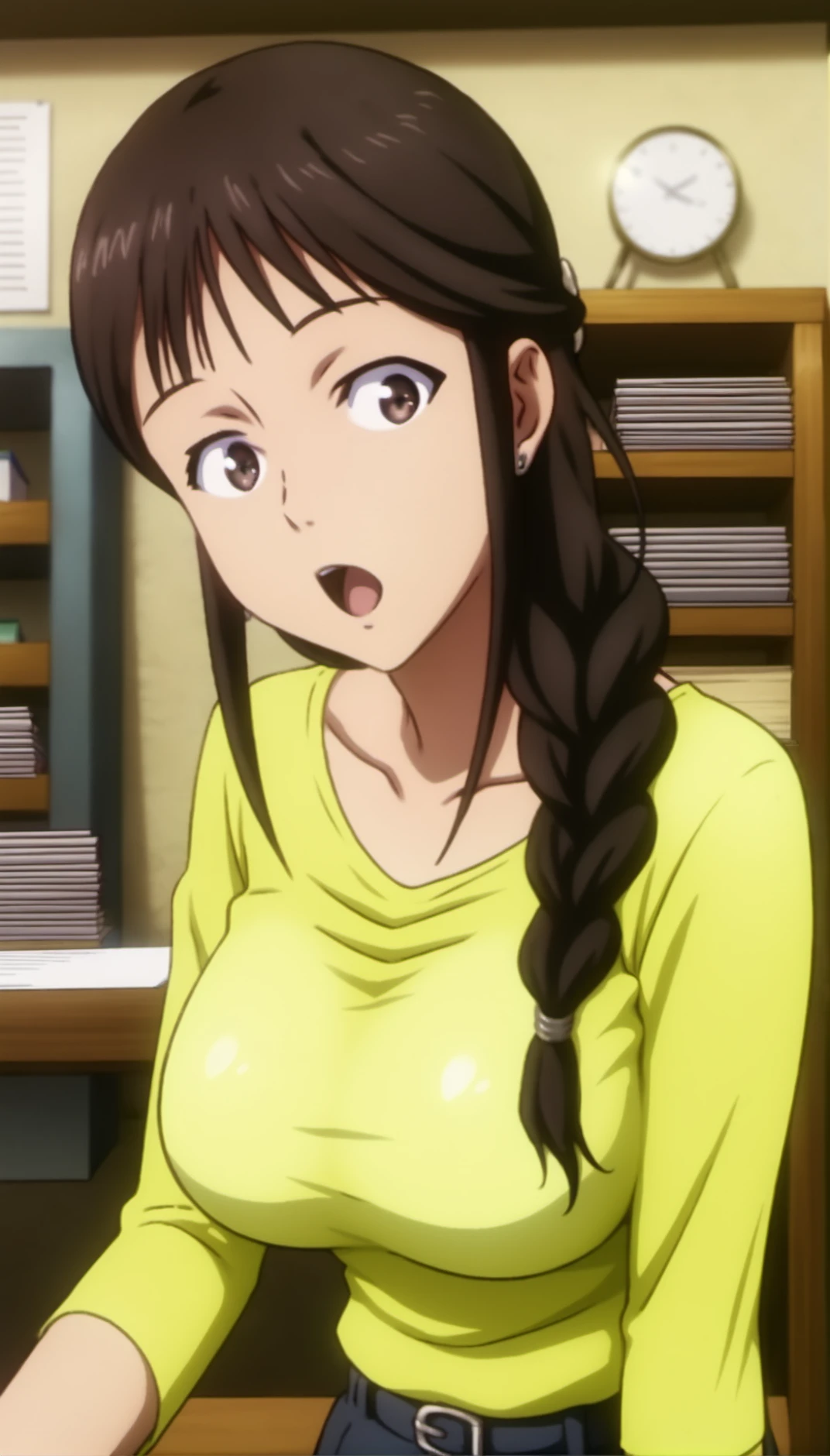 score_9,score_8_up,score_7_up,
<lora:MisatoSegawa:1>,
misato segawa,
1girl,solo,black hair,bangs,braid,brown eyes,looking at viewer,surprised look,open mouth,earrings,yellow t-shirt,long sleeves,portrait,workspace,shelves in background,
blurry background,bloom,lens flare,vignetting,indoors,office,