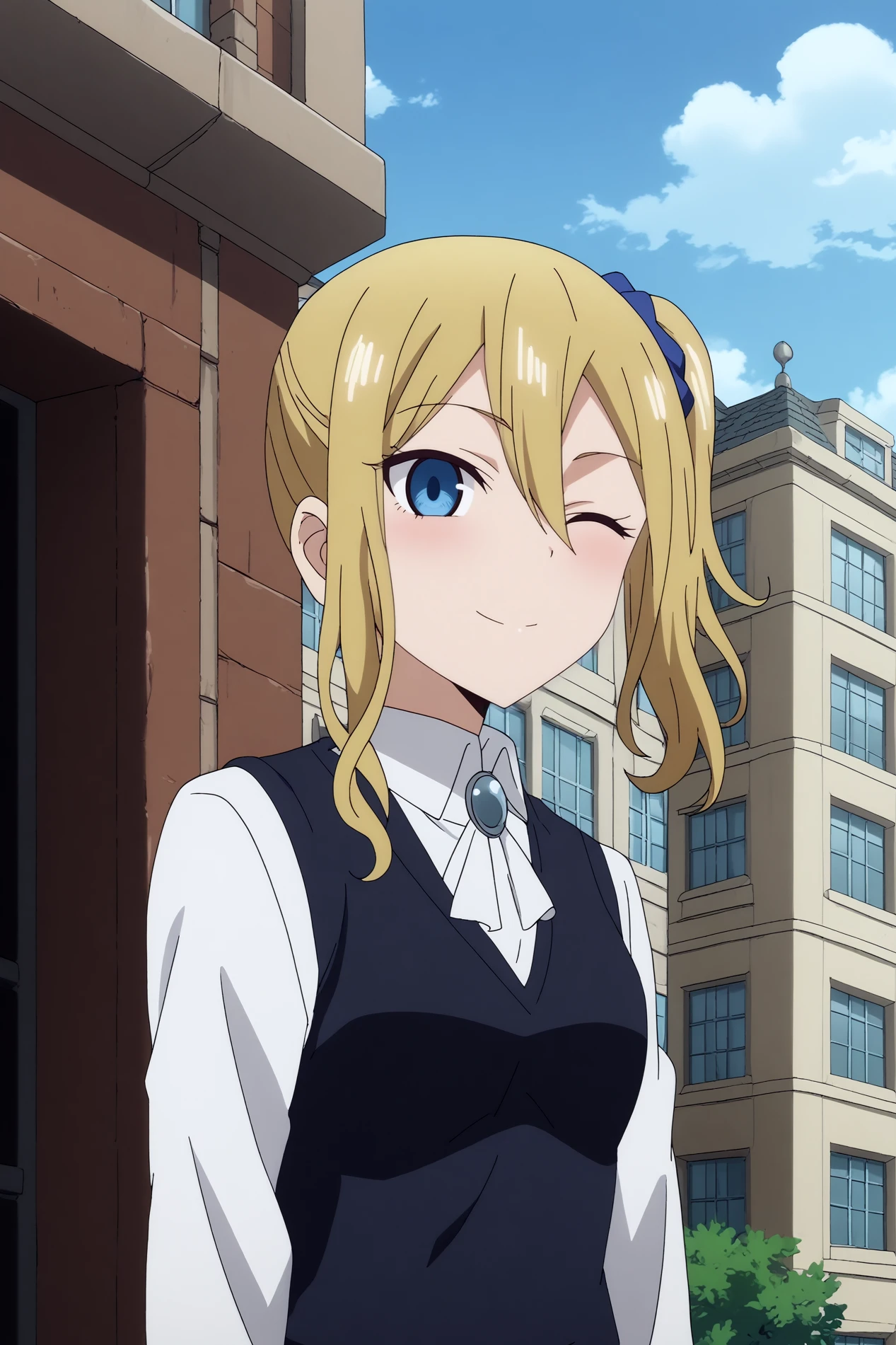  ai hayasaka,1girl,long hair,blue scrunchie,hair scrunchie,hair between eyes,hair ornament,side ponytail,looking at viewer,school uniform,collared shirt,black vest BREAK outdoors,blue sky,city,cloud,  Winking with a playful smile,buildings  <lora:Ai_Hayasaka_-_Kaguya-sama_Love_is_War.safetensors:0.8>