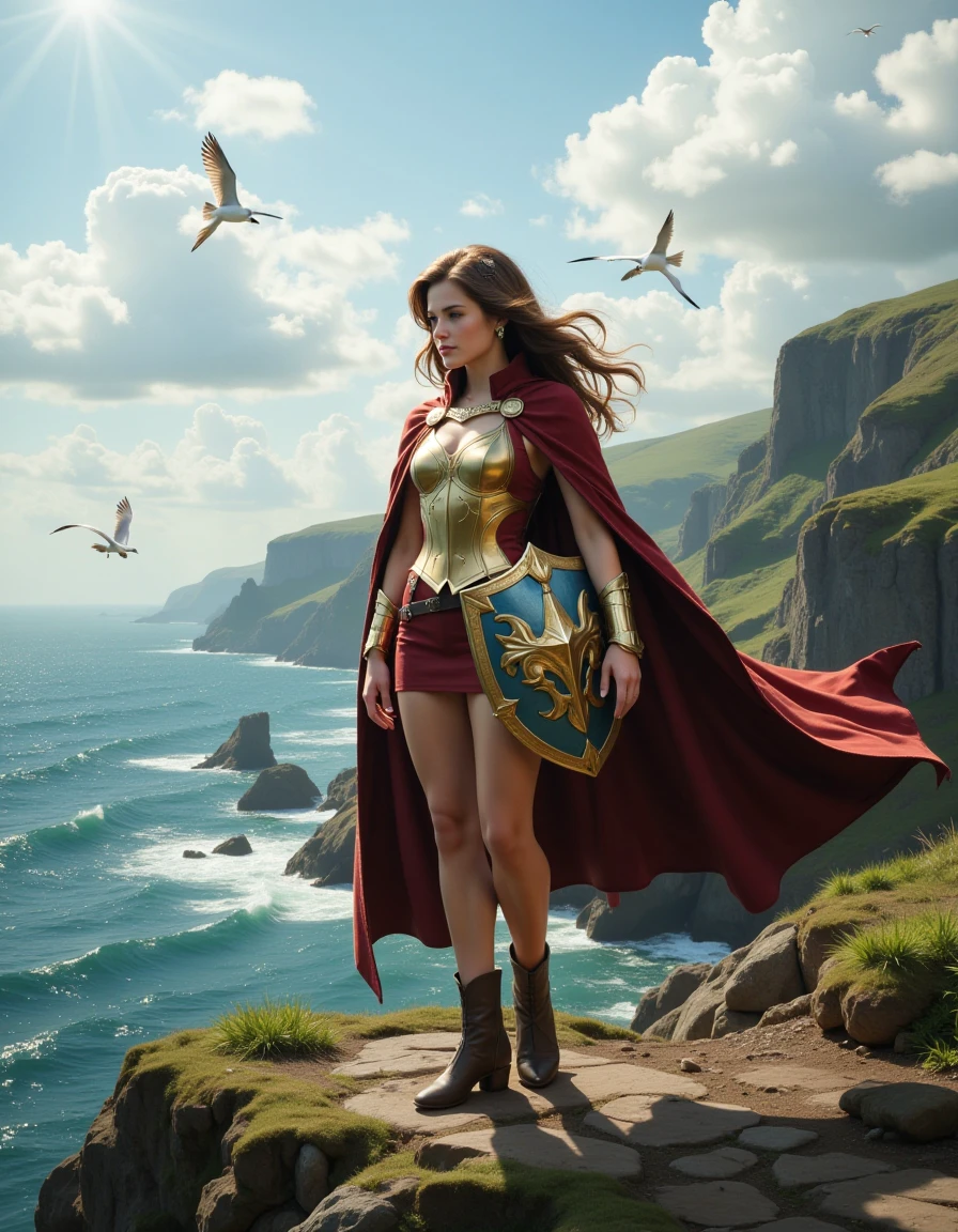 Pony_Flux_001, A young woman stands alone on a windswept cliff overlooking a vast ocean, her long brown hair fluttering in the sea breeze. She wears intricate medieval armor, embellished with a delicate hairpiece, and a flowing cloak billows dramatically behind her. In her hand, she holds a beautifully crafted shield, ready to protect herself against mythical sea creatures. A small mole under her eye adds character to her noble visage. Her expression is resolute as she gazes into the distance, standing firmly in sturdy leather boots. The rugged coastline around her is richly detailed, with soft sunlight casting a warm glow, and seagulls soaring overhead, adding a sense of magic and adventure to the scene.