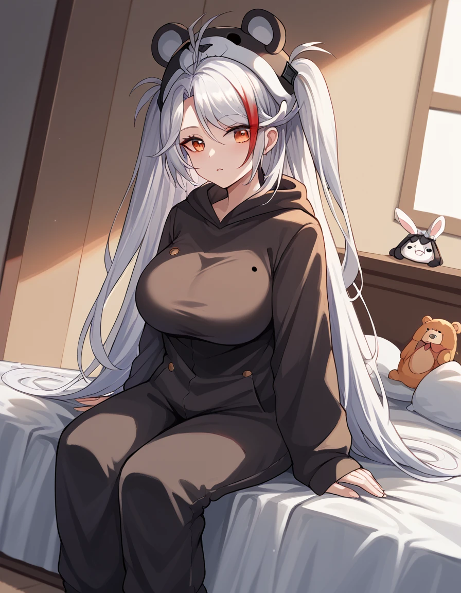 score_9, score_8_up, score_7_up, source_anime, <lora:azurlane-prinz-eugen-ponyxl-lora-nochekaiser:1>, prinz eugen, prinz eugen (azur lane), white hair, long hair, orange eyes, two side up, large breasts, mole, mole on breast, streaked hair, parted bangs, antenna hair,, <lora:kigurumi-ponyxl-lora-nochekaiser:1>, kigurumi, animal hood, animal costume, cosplay, rabbit costume, dragon costume, bear costume, dinosaur costume, sheep costume, cat costume, dog costume, panda costume, tiger costume,, indoors, bed, bed room, sitting, , cowboy shot, dutch angle