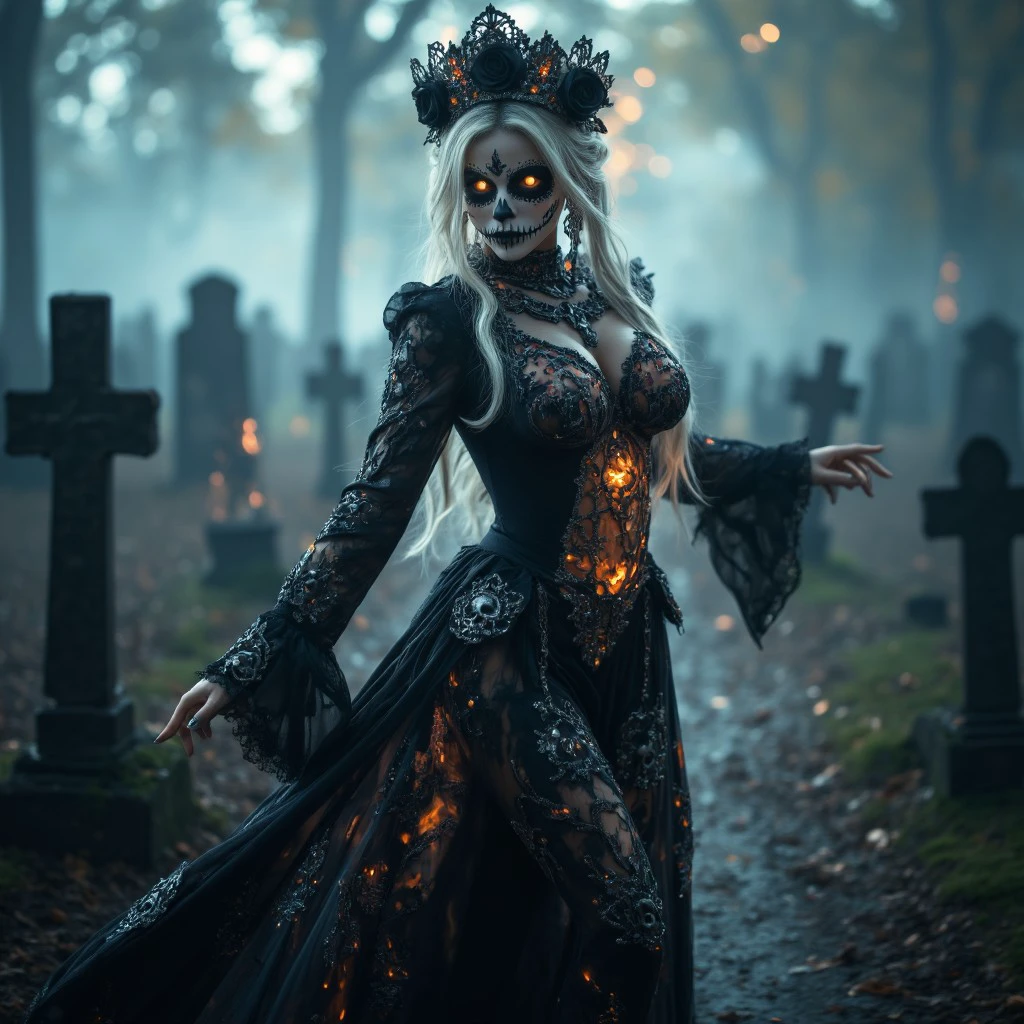 Santa Muerte stands in a rain-soaked graveyard, her dark, flowing robes clinging to her voluptuous figure, the wet fabric accentuating every curve. The skeletal patterns on her gown glow faintly in the misty air, while her hauntingly beautiful face is framed by a crown of black roses and gleaming skulls. The rain gently falls, glistening on her pale skin as she glides effortlessly between the tombstones, her hips swaying seductively with each step. Lightning flashes in the distance, illuminating the fog that swirls around her feet, and her outstretched hand holds a gleaming scythe. Her gaze, cold yet mesmerizing, invites you closer, as the dark allure of death itself radiates from her every movement.