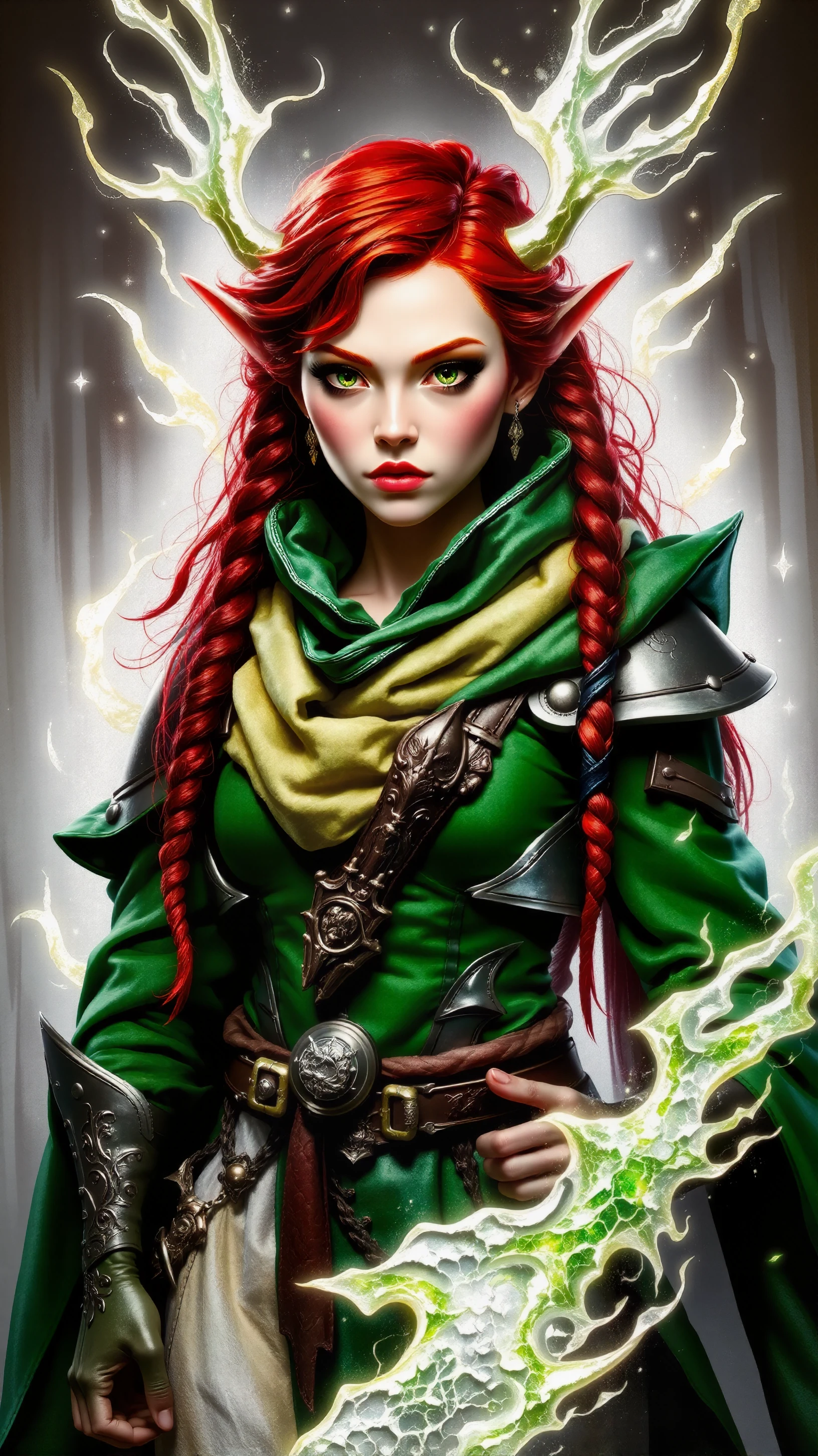 a striking red-haired elf mage with intricately braided hair, adorned in vivid green mage armor. A symmetrical composition highlights the mage's detailed features and outfit, set against a glowing white background infused with magical energy. An oil painting, reminiscent of Lucian Freud with influences of Monet and Mucha, reveals sharp, precise details and an extraordinary level of realism. Soft, diffused lighting illuminates the vibrant colors, creating a captivating contrast in this fantasy scene