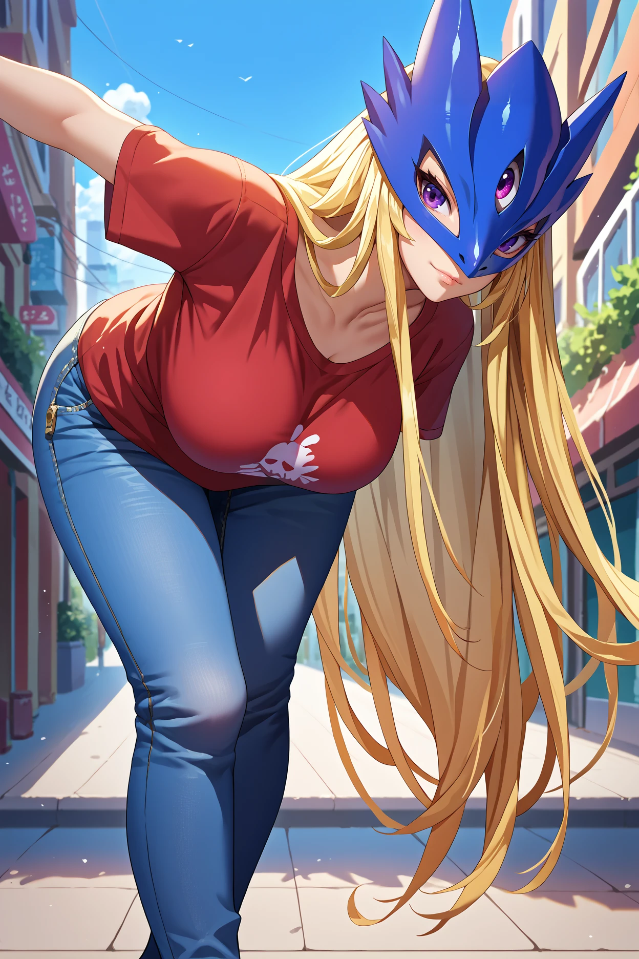 score_9, score_8_up, score_7_up, score_6_up, source_anime, 1girl, solo <lora:beelstarmon-pdxl-nvwls-v1-000005:1> beelstarmon, blonde hair, very long hair, mask, purple eyes, red t-shirt, jeans, large breasts, looking at you, leaning forward, city, blue sky