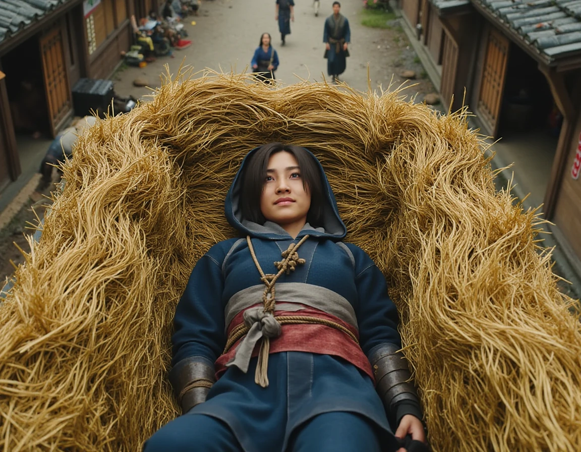 An oil painting of a ACNaoe woman with dark brown, shoulder-length, and slightly messy hair wearing a hooded dark blue ninja outfit laying in a bale of hay in a large wagon filled with hay in a feudal Japanese village. She has a smirk on her face. From above camera shot, bird's eye view. The wagon is driving through a village with people walking by