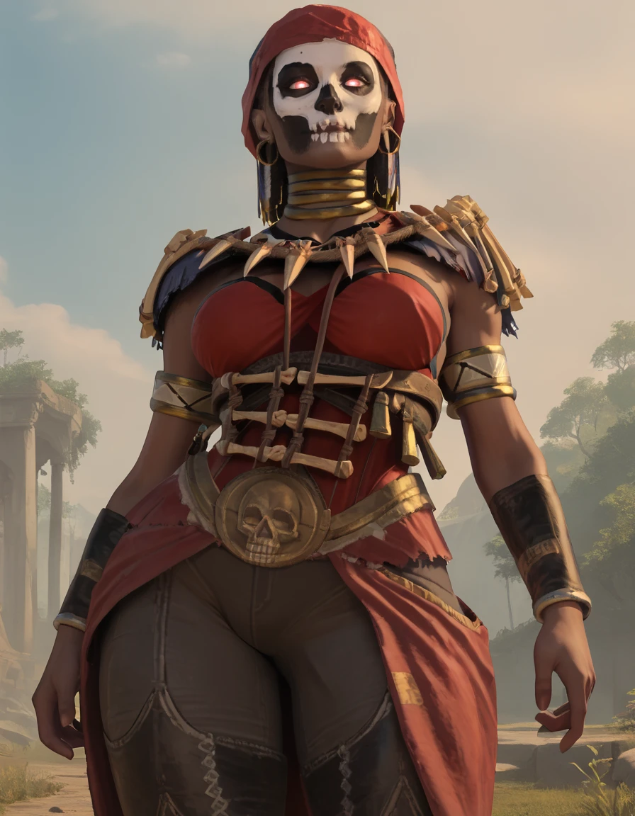 score_9, score_8_up, score_7_up,
WitchDoctor, dark-skinned female, glowing eyes, skull facepaint, hoop earrings, jewelry,
curvy, wide hips, thick thighs, large breasts,
<lora:WitchDoctor:0.8>