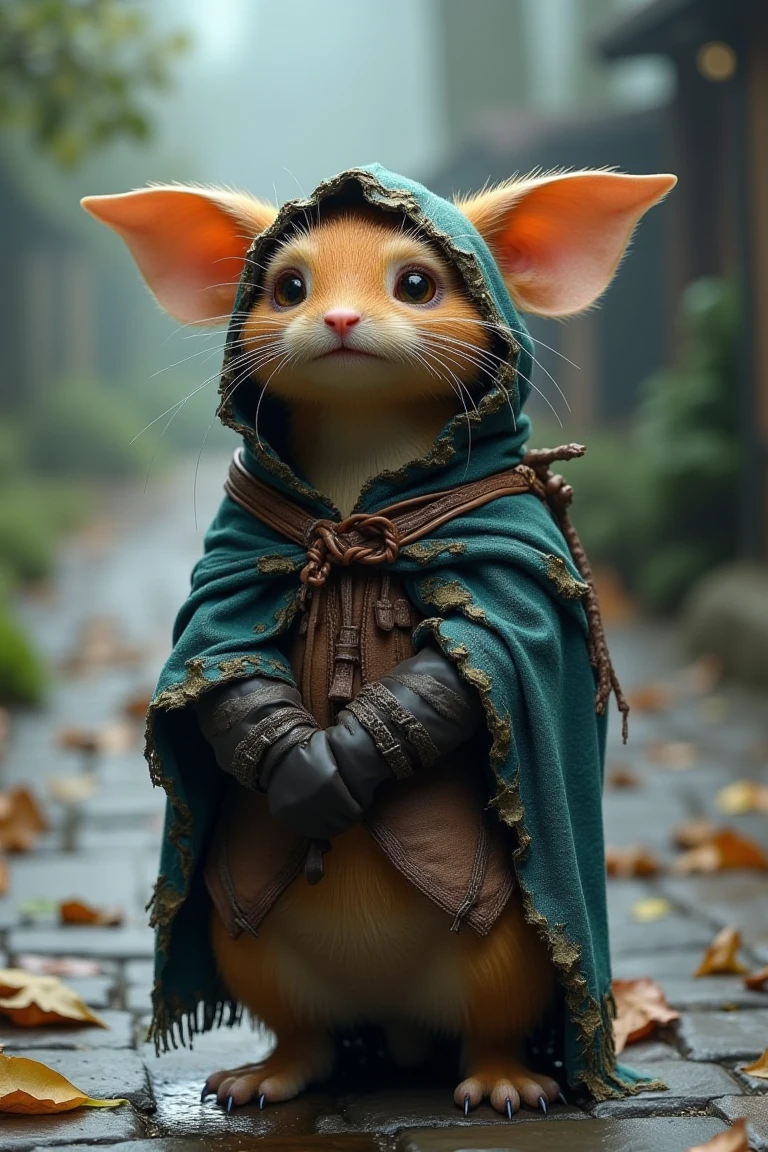 The image is a high-resolution, detailed photograph of a fantastical, anthropomorphic character, likely a fantasy creature, standing outdoors on a misty, cobblestone path. The creature, resembling a small, humanoid rodent with large, expressive eyes and a pointed nose, is dressed in a rugged, medieval-style outfit. It wears a tattered, teal hooded cloak with a worn, earthy texture, secured with a leather cord around its neck.