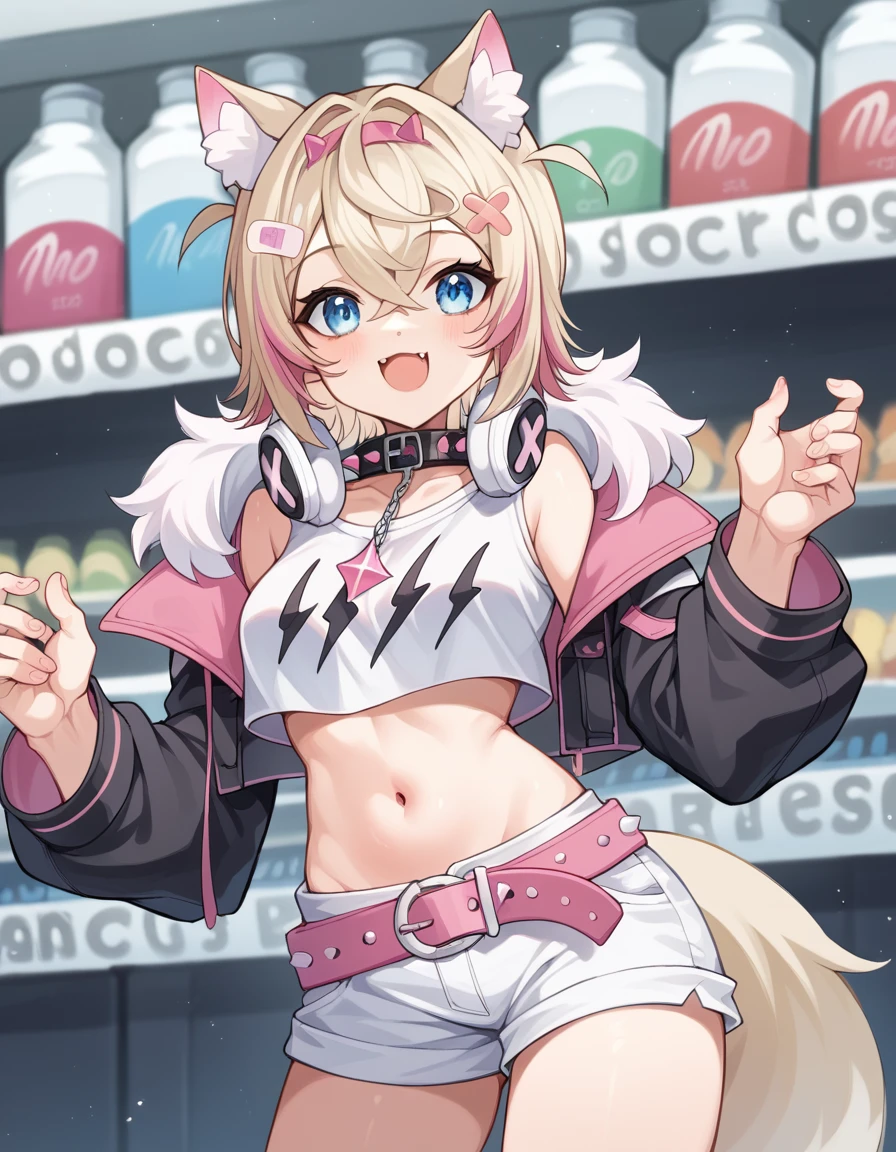 score_9, score_8_up, score_7_up, source_anime, <lora:mococo-abyssgard-ponyxl-lora-nochekaiser:1>, mococo abyssgard, animal ear fluff, animal ears, blonde hair, bandaid, bandaid hair ornament, blue eyes, dog ears, dog girl, dog tail, double-parted bangs, pink hairband, fake horns, fangs, hair between eyes, hairband, hairclip, horns, short hair, medium breasts, multicolored hair, pink hair, streaked hair, crossed bangs, x hair ornament, black collar, black jacket, pink belt, brown kneehighs, collar, fur-trimmed jacket, fur trim, jacket, long sleeves, spiked collar, spikes, headphones, headphone around neck, crop top, cropped jacket, cropped shirt, navel, stomach, midriff, shorts, white shorts,, music store, browsing records, headphones, vinyl collection, nostalgic, smile, , smile, solo,, cowboy shot, dutch angle