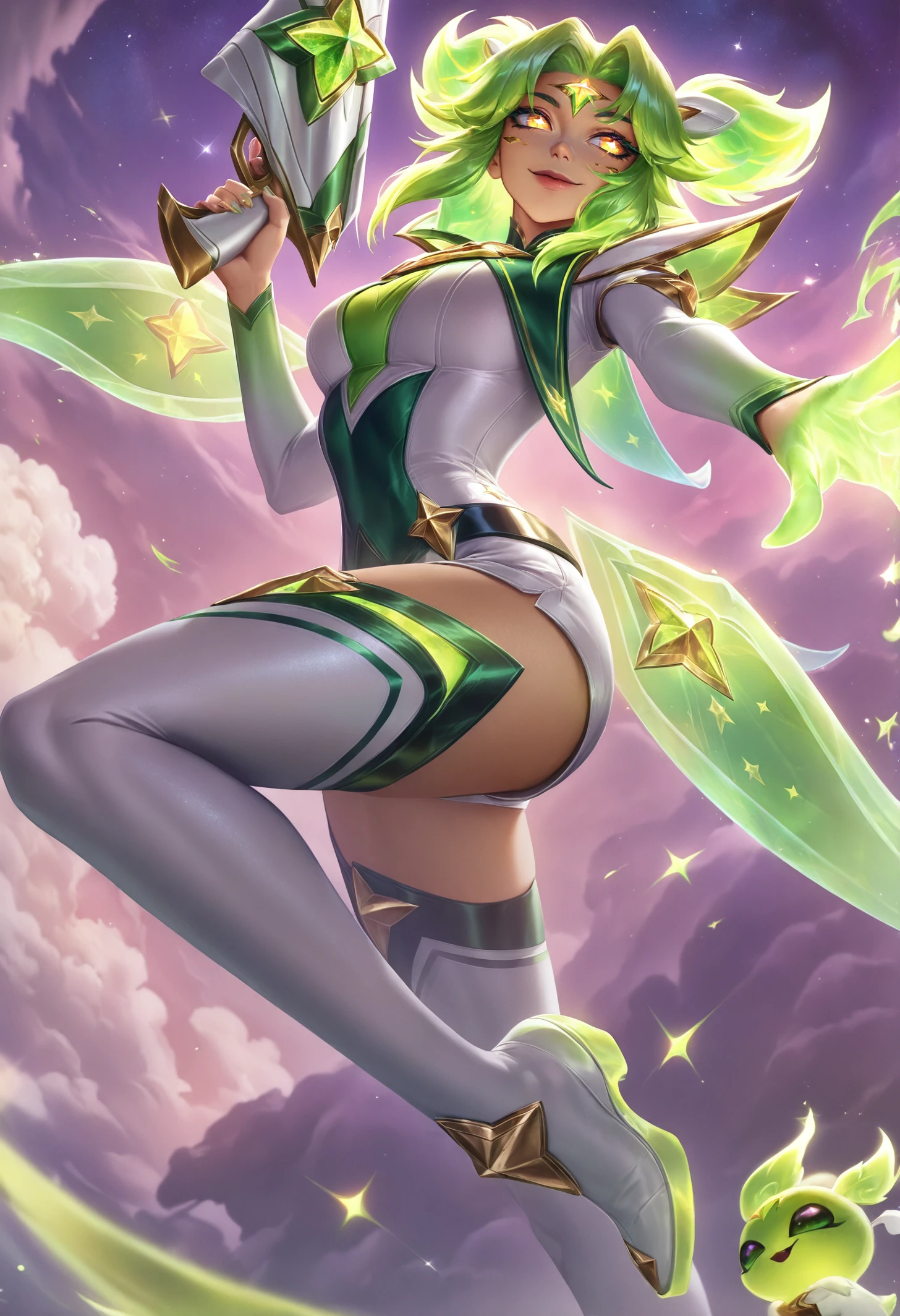 best quality, masterpiece \(quality\), L0LSPL4SH, year2024, year2023, West Studio, sixmorevodka, 1girl, star guardian, star guardian zeri, zeri \(league of legends\), solo, glowing hand, smile, happy, sky, cloud, foot up, blurry foreground, narrow waist, thighhighs, short shorts, suspenders hanging, suspenders, gun, holding gun, familiar, <lora:L0LSPL4SH_IllustriousXLv01:1>