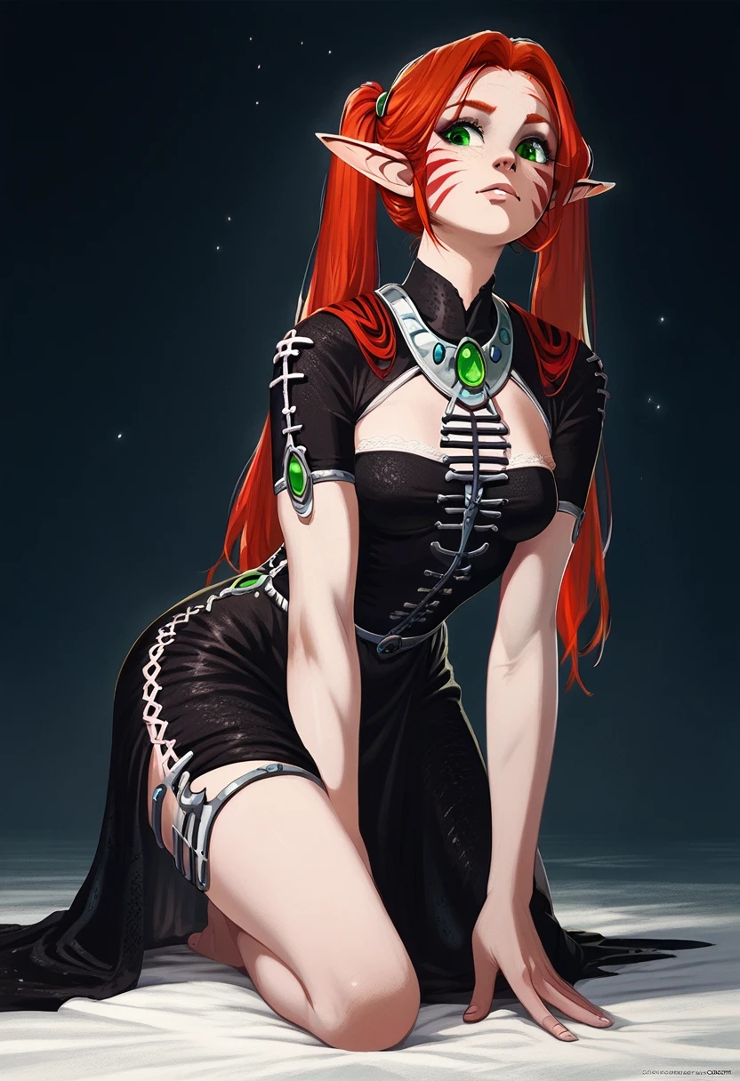 1girl, solo, eldar, farseermacha, long pointy ears, red hair, twintails, green eyes, whisker markings, black dress, lace dress, kneeling, hair_pulled_back, score_9, score_8, score_7
