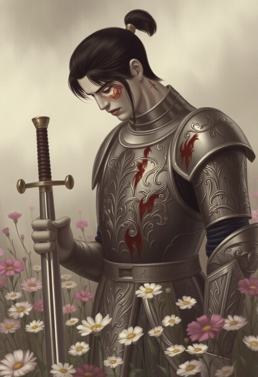 @NozomiMats, Nozomi Matsuoka \(Artist\), @Nozomi, nozomi.matsuoka \(Artist\),A male Asian knight, clad in intricate plate armor, stands amidst a wildflower field, hisbloodstained sword held loosely. Desolation and introspection etch her bowed head, contrasting with the delicate beauty surrounding him. A muted, desaturated palette and shallow depth of field emphasize his solitary grief amidst a blurred, battle-scarred background.
