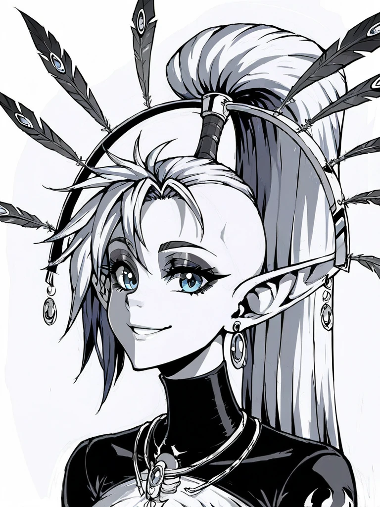 score_9, score_8_up, score_7_up, 
1girl,  yvraine, white hair, high ponytail, long ponytail, shaved head, pointy ears, blue eyes, 
asymmetrical bangs,
eyeshadow, 
feather headdress, earrings,
monochrome,
face, close-up, white background, smile, looking at viewer, turtlneck, long sleeves,