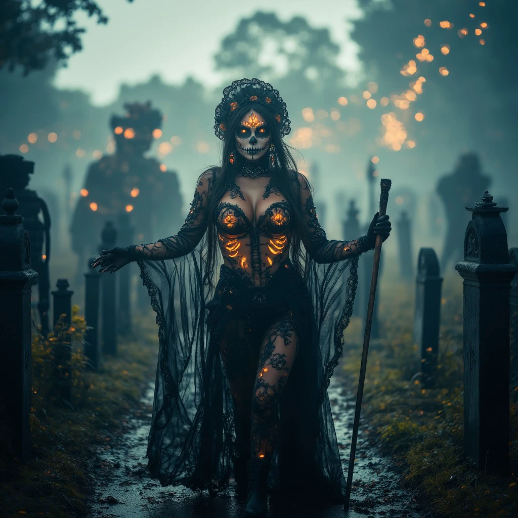 Santa Muerte stands in a rain-soaked graveyard, her dark, flowing robes clinging to her voluptuous figure, the wet fabric accentuating every curve. The skeletal patterns on her gown glow faintly in the misty air, while her hauntingly beautiful face is framed by a crown of black roses and gleaming skulls. The rain gently falls, glistening on her pale skin as she glides effortlessly between the tombstones, her hips swaying seductively with each step. Lightning flashes in the distance, illuminating the fog that swirls around her feet, and her outstretched hand holds a gleaming scythe. Her gaze, cold yet mesmerizing, invites you closer, as the dark allure of death itself radiates from her every movement.