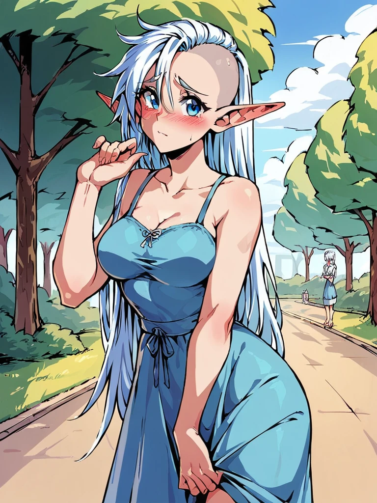 score_9, score_8_up, score_7_up, 
1girl,  yvraine, white hair, hair down, very long hair, shaved head, pointy ears, blue eyes,
asymmetrical bangs,

standing, outdoors, park, sundress, blue dress, medium breasts, blush, shy, looking at viewer,

