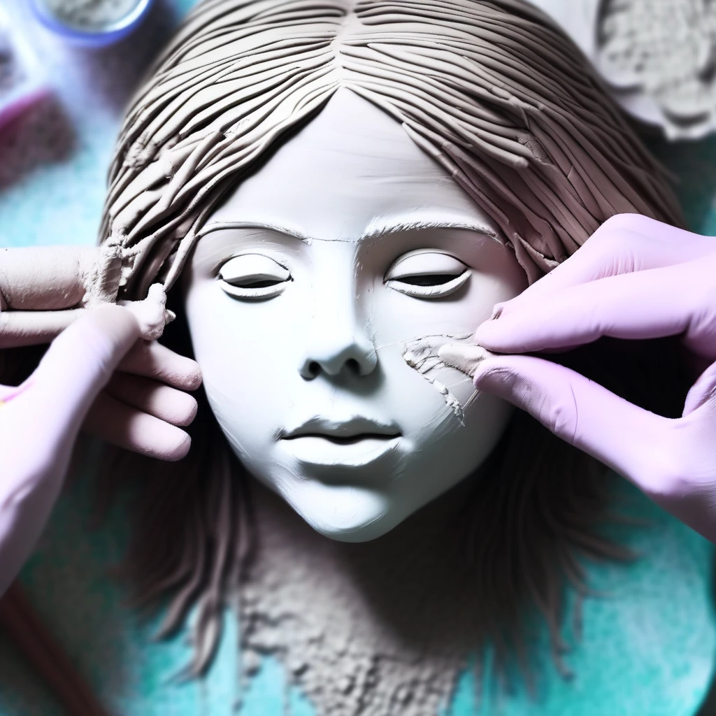 woman's face made of clay being crafted by hands