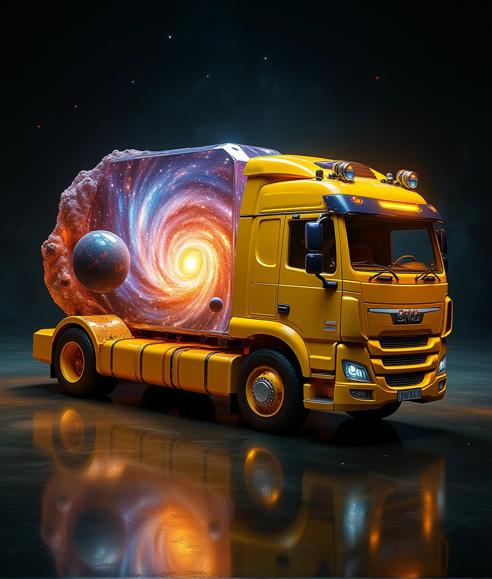 stonegalaxy,a yellow translucent truck in factory,with universe inside