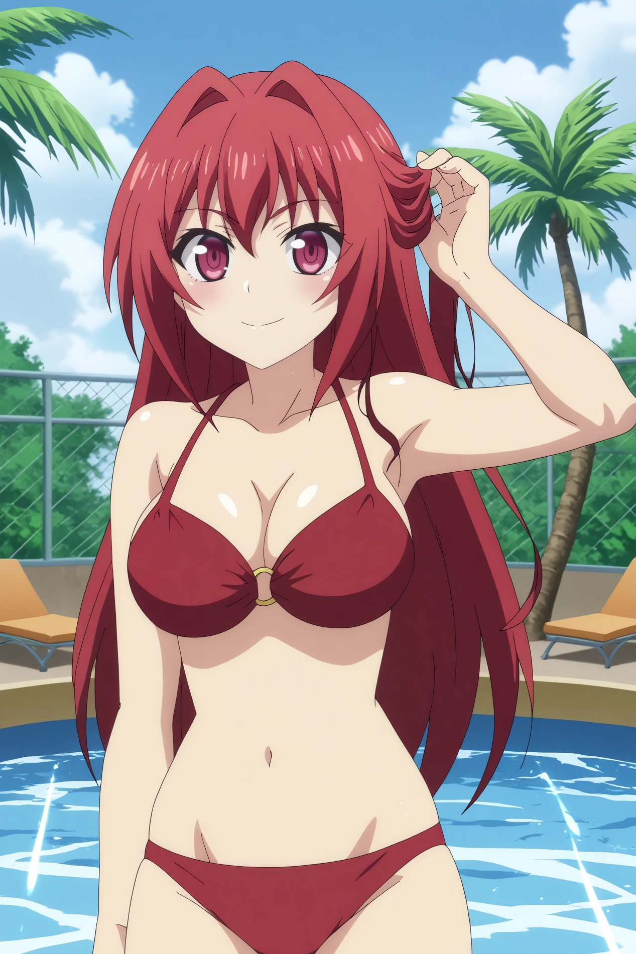 mio naruse,1girl,solo,long hair,large breasts, bikini,red bikini,string bikini,strap gap,navel,groin,black ribbon,cowboy shot,smile,looking at viewer,adjusting hair BREAK outdoors,pool center,slide,palm tree,pool,water splash   <lora:Mio_Naruse_-_Shinmai_Maou_no_Testament.safetensors:0.8>