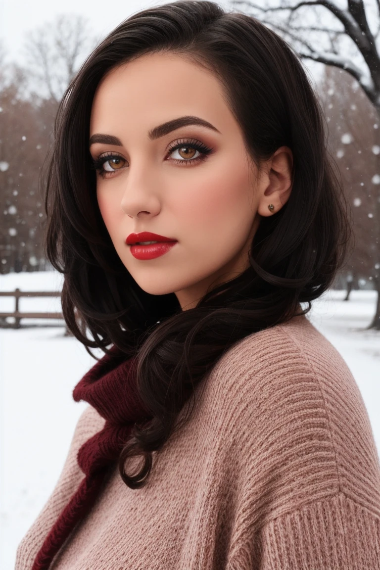 <lora:janadefi:0.6>, janadefi, ((fully clothed, modest)) a photo of a woman, short hair, sweater, outdoors, snow, trees, red lipstick, blush, ((detailed eyes, detailed face):1.2)