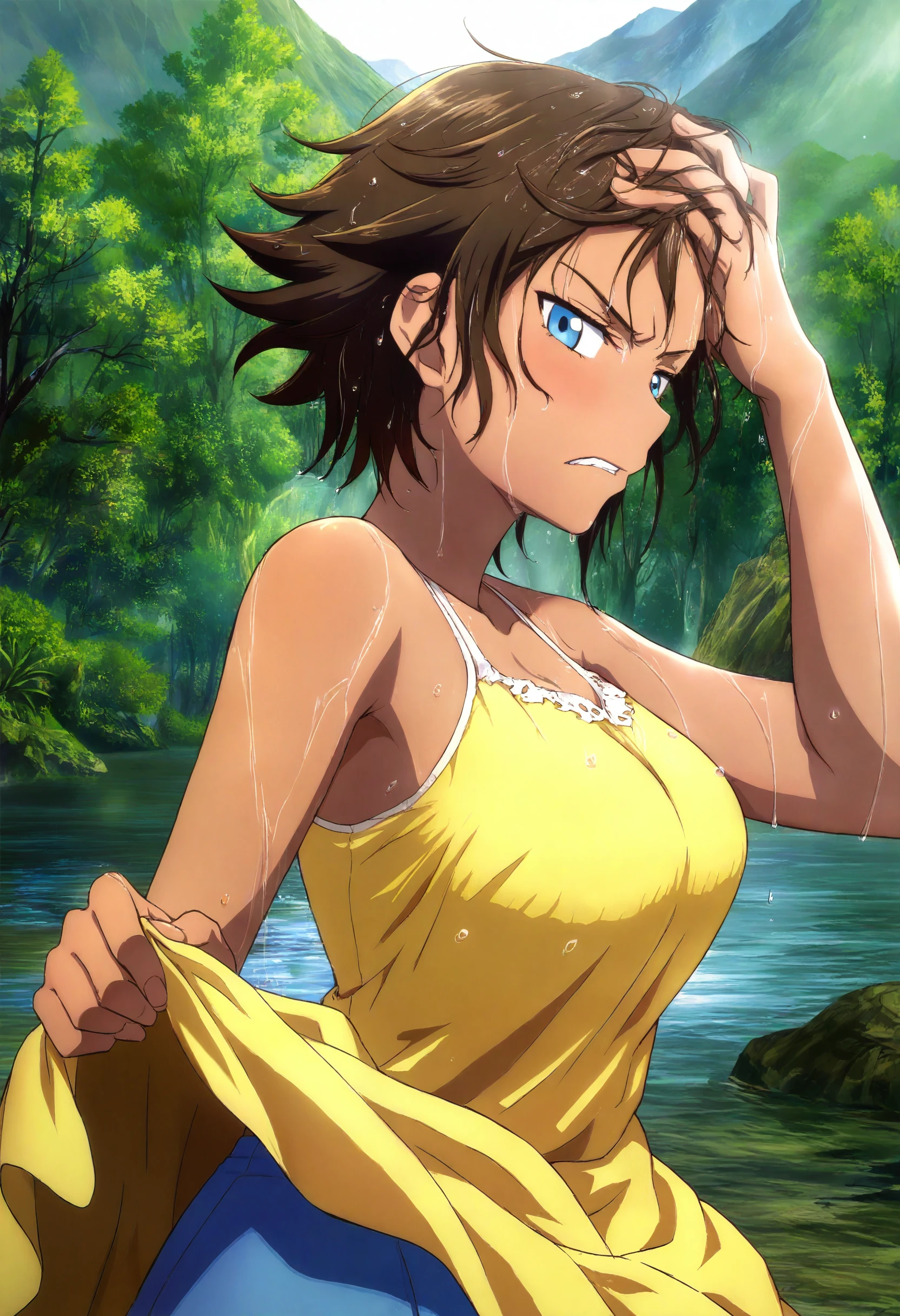 highres,absurdres,masterpiece,best quality,(anime screencap:0.5),<lora:MeMaV3_ill>,scenery,in misty lake,wet,upper body,1girl,from side,dark-skinned female,brown hair,short messy hair,blue eyes,looking at viewer,scowl,half-closed eyes,happy,yellow sundress,large breast,hand on head,skirt lift,forest,mountainous horizon,