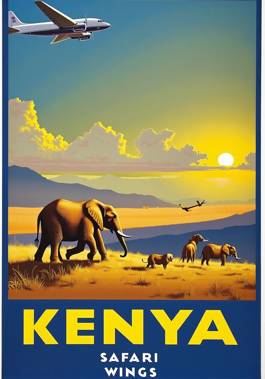 A stunning travel poster for Kenya, featuring Safari Wings. The design presents the breathtaking savannah landscapes with elephants and lions under the golden sun, alongside a soaring aircraft.