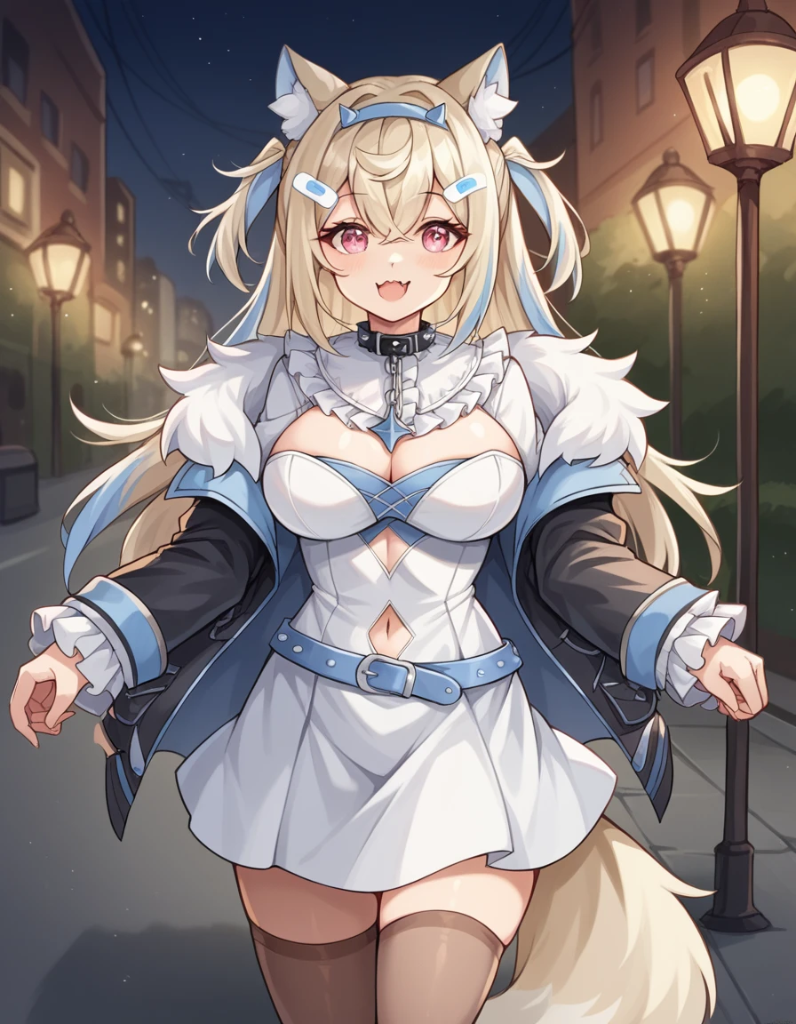 score_9, score_8_up, score_7_up, source_anime, <lora:fuwawa-abyssgard-ponyxl-lora-nochekaiser:1>, fuwawa abyssgard, animal ear fluff, animal ears, blonde hair, bandaid, bandaid hair ornament, pink eyes, dog ears, dog girl, dog tail, double-parted bangs, blue hairband, fake horns, fangs, hair between eyes, hairband, hairclip, horns, long hair, large breasts, multicolored hair, blue hair, streaked hair, two side up, crossed bangs,, belt, black collar, black jacket, blue belt, brown thighhighs, center frills, cleavage, cleavage cutout, clothing cutout, collar, dress, detached collar, cutout above navel, frilled shirt collar, frilled sleeves, frills, fur-trimmed jacket, fur trim, jacket, long sleeves, spiked collar, spikes, white dress,, city street, evening, streetlights, walking dog, quiet neighborhood, gentle breeze, smile, , from side, solo,, cowboy shot, dutch angle