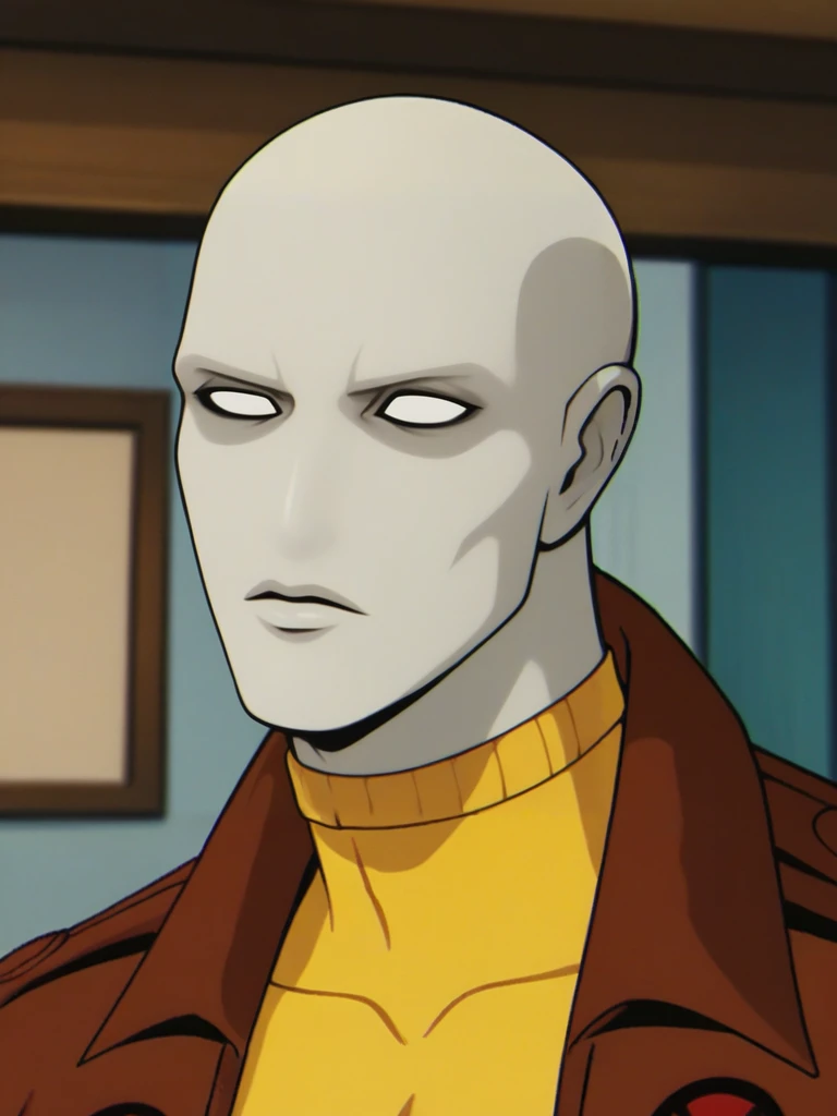 score_9, score_8, portrait of Morph_X97 man, grey skin, bald, x-men outfit, open jacket, <lora:Morph_X97:.8> solo <lora:add-detail-xl:.8> (fully white eyes)