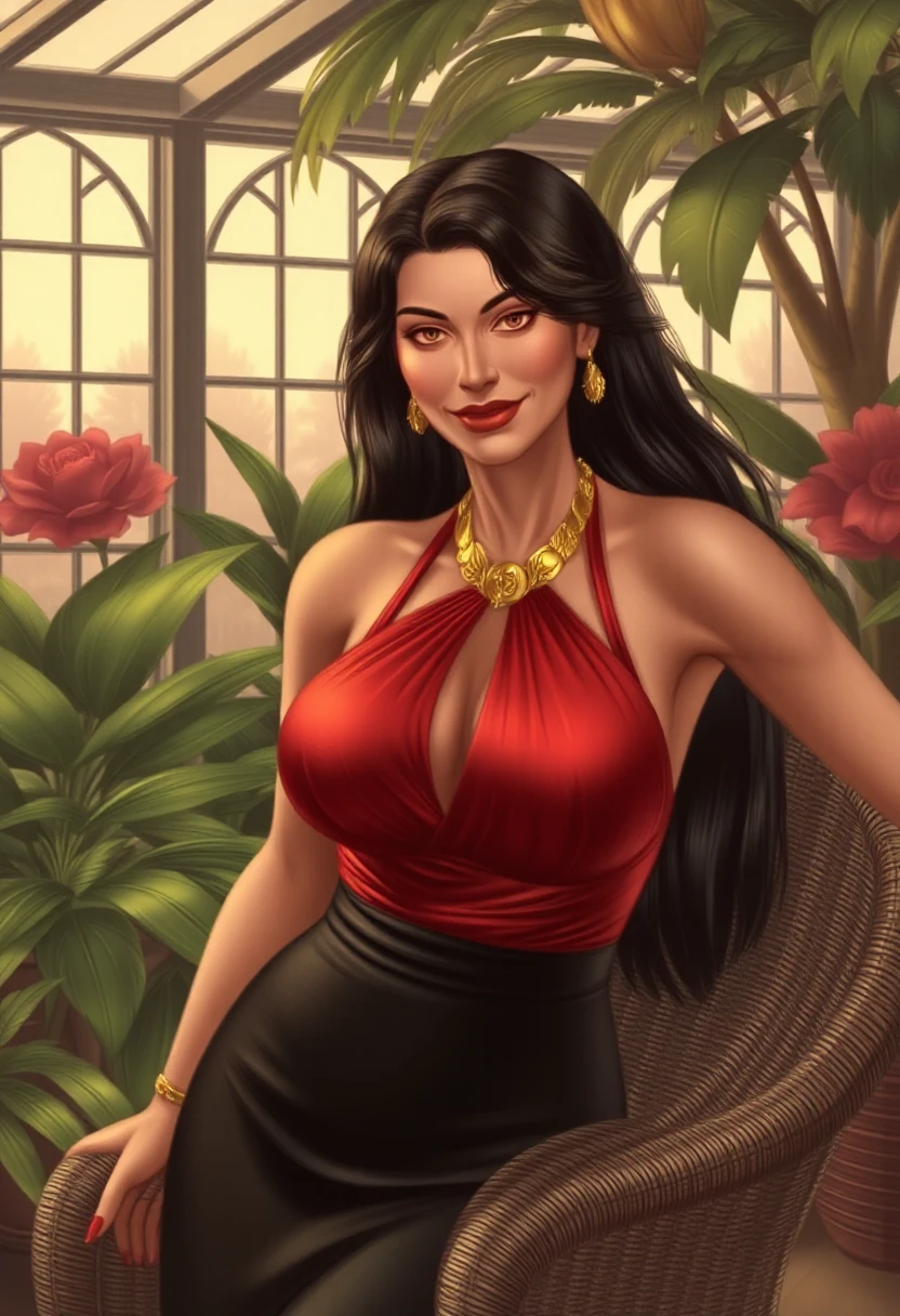 @NozomiMats, Nozomi Matsuoka \(Artist\), @Nozomi, nozomi.matsuoka \(Artist\),A 59-year-old elegant woman, with distinctive wrinkles and grey strands, exudes confidence in her stylish black hair and luxurious gold jewelry. Her red satin halter top accentuates her curves and huge breasts, paired with a slim black pencil skirt. Leaning on a wicker chair in an historic tropical greenhouse, she gazes down with an arrogant smile, bathed in warm, moody summer evening light.
