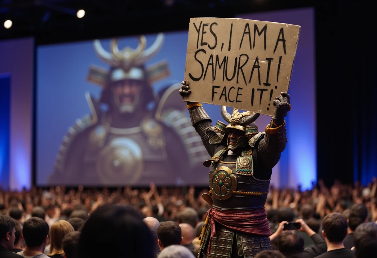 An oil painting of a ACYasuke man in samurai armor at a Ubisoft press conference stage holding up a big sign that reads "YES, I AM A SAMURAI! FACE IT!"