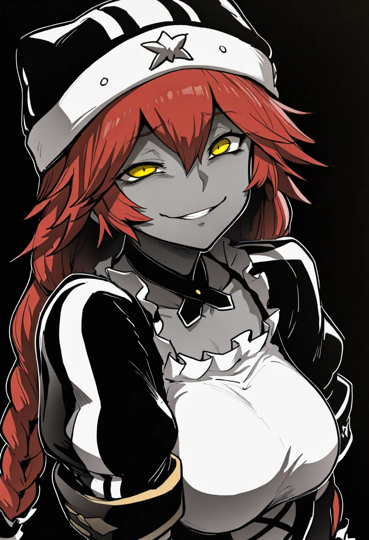 best quality, amazing quality, very aesthetic, absurdres,
monochrome, greyscale, ebiblue, gesugao,
1girl, lupusregina, red hair, long hair, twin braids, yellow eyes, dark skin, choker, dress, hat, maid, 
(glowing eyes:0.5), smile, looking at viewer, solo, black background  <lora:EbiblueIllustriousXL_byKonan:1>    <lora:LupusReginaIllustriousXL_byKonan:1>