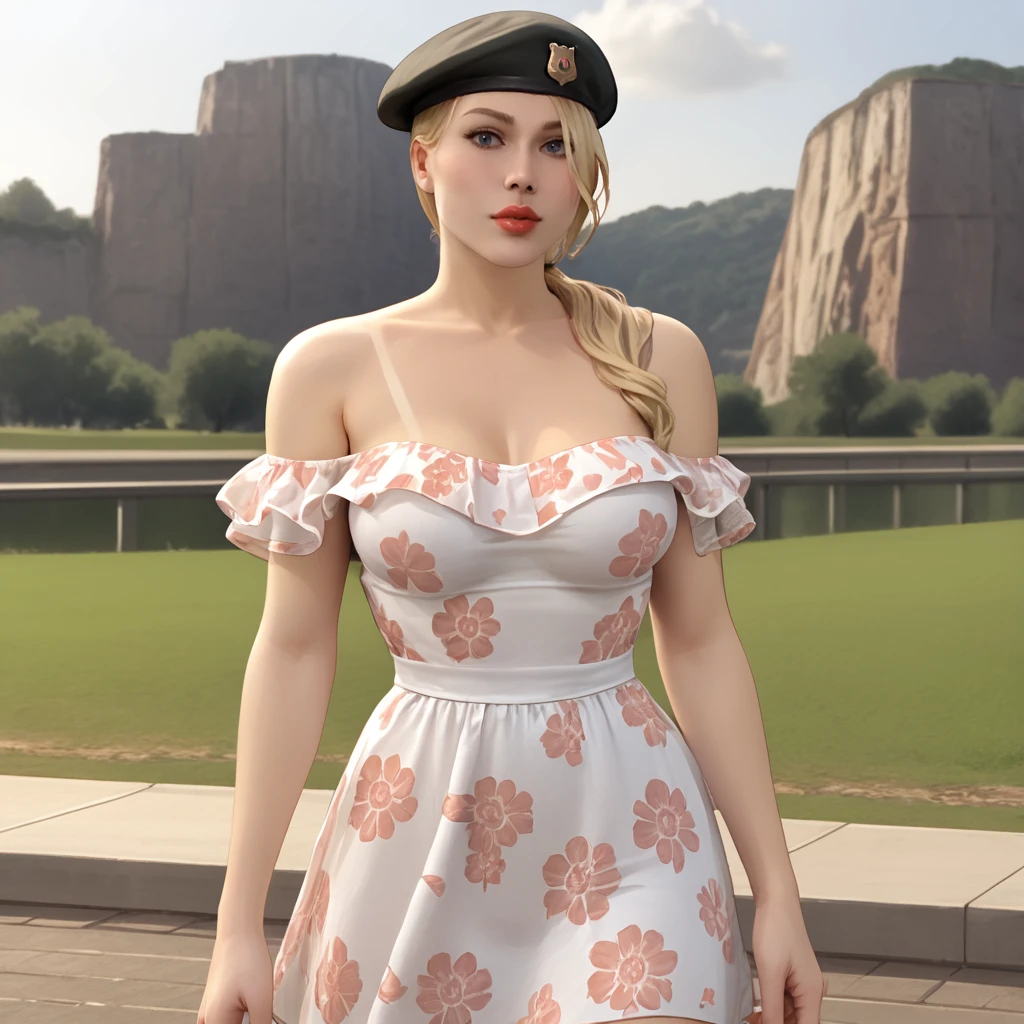 <lora:sonyablademkvsdc_pony_v1:.8>  SonyaBladeMKDC, 1girl, solo, blonde hair, medium breasts, long hair, beret, ponytail, lips, cowboy shot, <lora:floral_offshoulder_dress_v1.1-pony:1> off shoulder dress, floral print