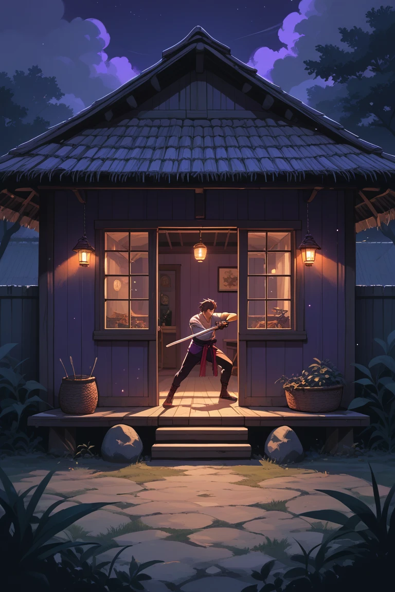 score_9, score_8_up, score_7_up, source_anime, rating_safe, night, natural lighting, straw hut focus, fighting stance, holding sword, 1boy, intricately detailed illustration, Candihut, wide shot, negative space, outdoors-indoors, purple theme