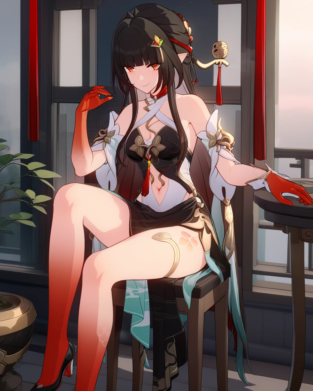 <lora:lingsha_reisa_animagine30_loraplus-000015:0.9> game cg, 1girl, lingsha, red limbs, orange eyes, black hair, multicolored hair, long hair, bangs, pointy ears, hair ornament,  chinese clothes, dress, china dress, detached sleeves, navel cutout, clothing cutout, leg tattoo, thigh strap, high heels, 
smile, sitting, chair,, masterpiece,best quality,