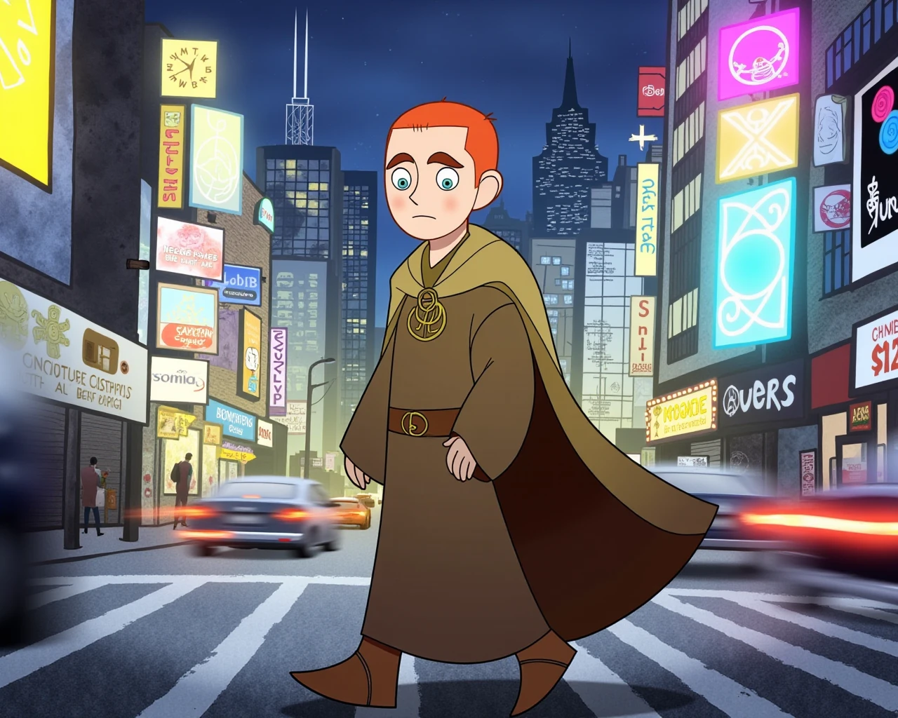 SecretKells, a man dressed in a traditional Celtic-inspired robe, walking through a bustling modern city street. His confused expression contrasts with the neon lights, towering skyscrapers, and fast-moving cars around him. Despite the modern surroundings, his presence remains rooted in the ancient, mystical world, with soft glowing symbols trailing behind him, barely visible to those around. Animated, fantasy meets modern, mystical atmosphere, urban setting.