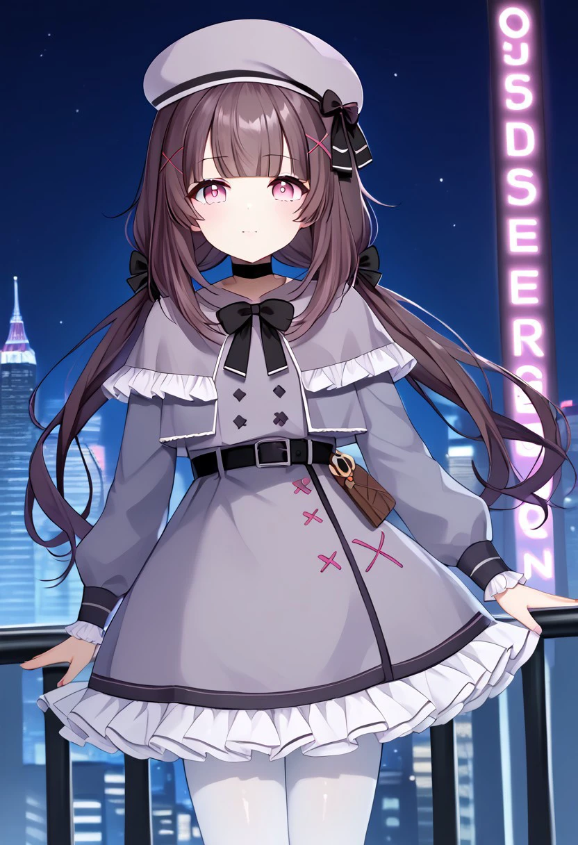 1girl, solo, highres, ((Shondo2ndB,)) petite, pink eyes, bangs, bow, brown hair, sidelocks, low twintails, hair bow, x hair ornament, long hair, 
hat, beret, 
frilled dress, black bow, choker, grey capelet, capelet, pink ribbon, black belt, long sleeves, food-themed clothes, white pantyhose,
looking at viewer,
night, night sky, cityscape, neon lights, backlighting,