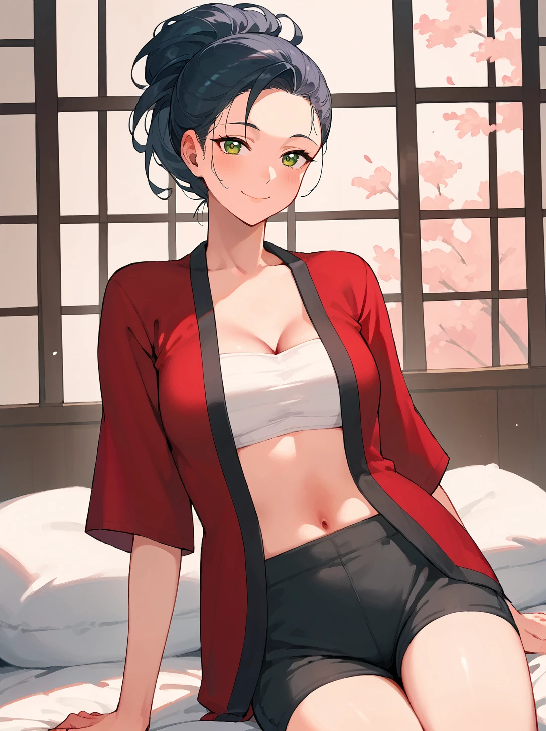 score_8_up, score_7_up, score_6_up, source_anime, 1girl, solo, japanese bedroom,
smile,
sarashi, sarashi <lora:Sarashi:1>
black shorts <lora:Haori:1>, haori