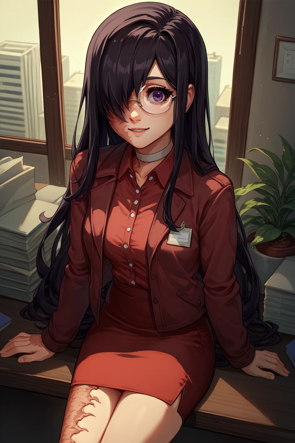 score_9, score_8_up, 1girl, solo, <lora:NSHanakoKatawa:1> NSHanakoMisc, purple eyes, hair over one eye, black hair, long hair, scar on face, glasses, white choker, red collared shirt, red skirt, pencil skirt, sitting, jacket, office, looking at the viewer, slight smile