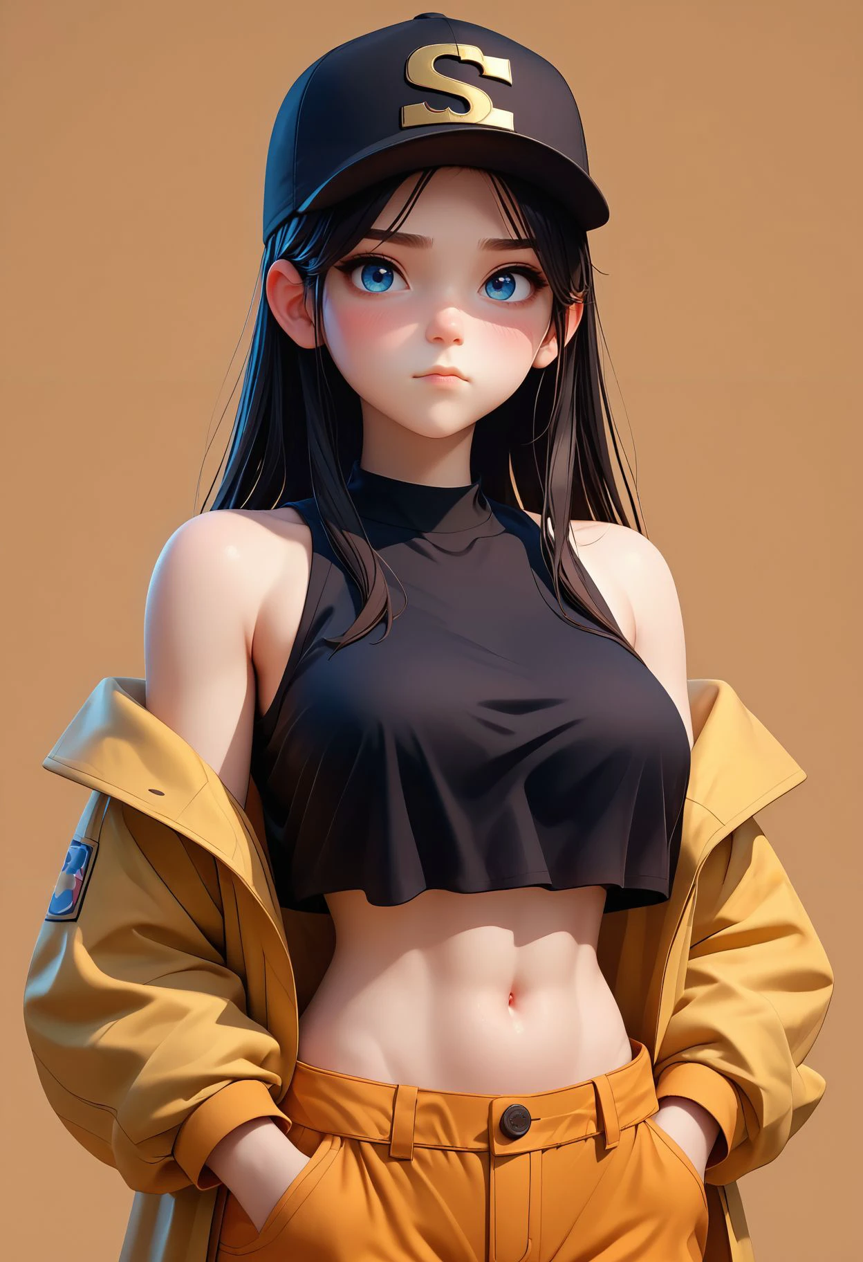 score_9,score_8_up,score_7_up, <lora:3d_render_pdxl_goofy:1>3d render ,1girl, bare shoulders, baseball cap, black hair, black hat, black shirt, blue eyes, blush, breasts, closed mouth, coat, crop top, hands in pockets, hat, large breasts, long hair, looking at viewer, midriff, navel, off shoulder, open clothes, open coat, pants, shirt, simple background, sleeveless, sleeveless shirt, solo, stomach