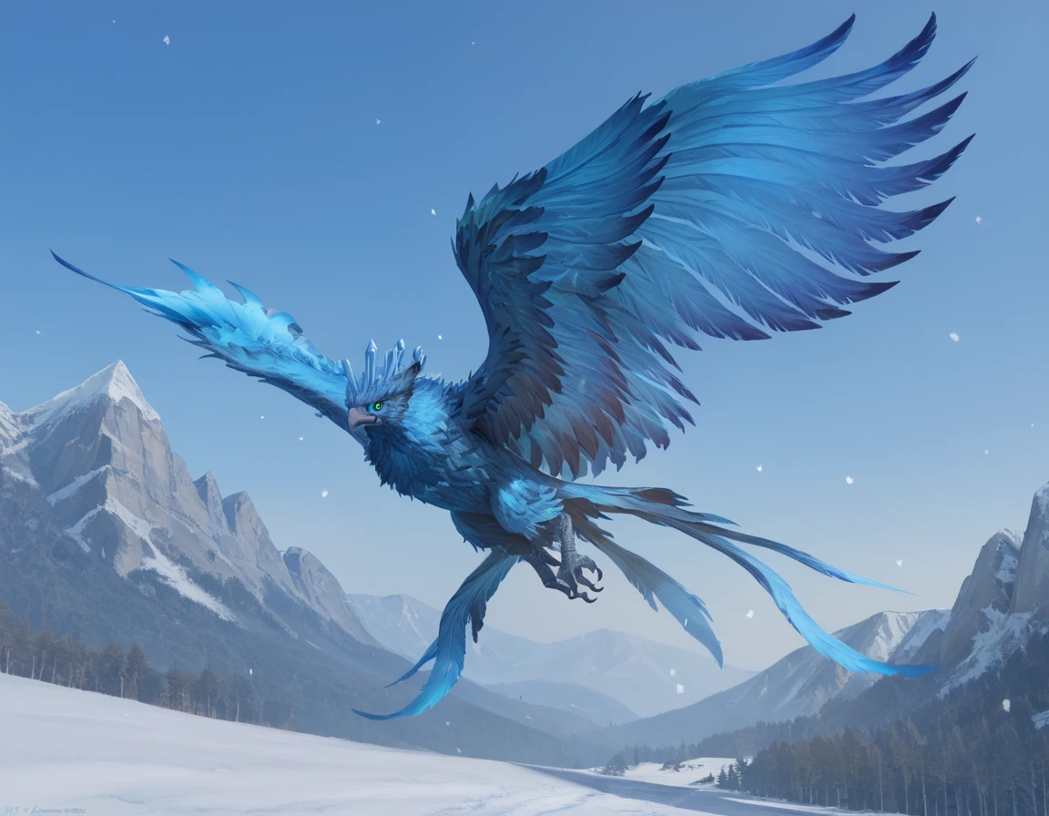 score_9, score_8_up,
AsurPhoenix, no humans, blue feathers, blue crystals, blue eyes, snow, flying,
 <lora:AsurPhoenix:0.8>