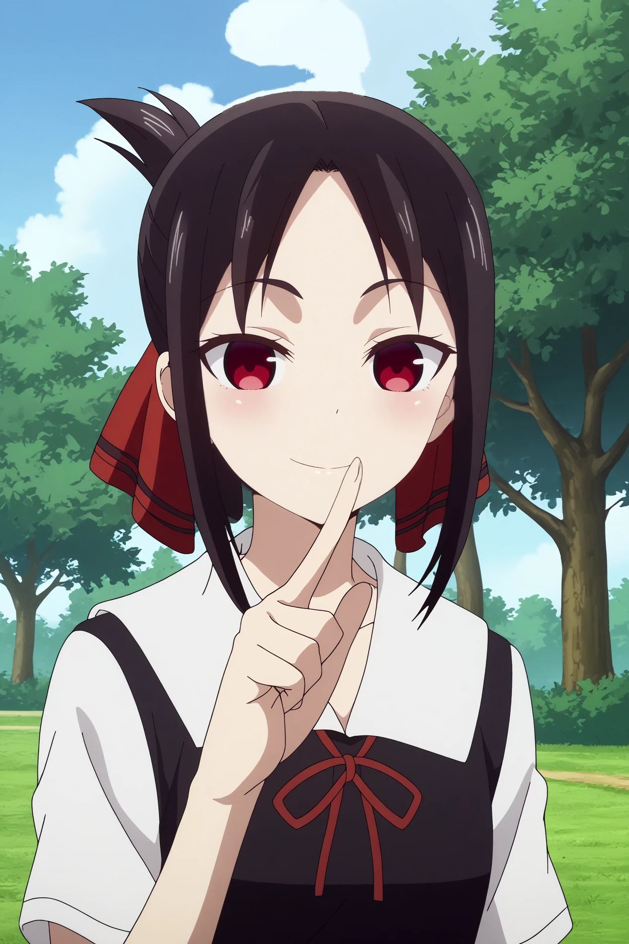  kaguya shinomiya,solo,1girl,looking at viewer,shuuchiin academy school uniform,folded ponytail,ponytail,ribbon,school uniform,hair ribbon,red ribbon,parted bangs,smile,bangs,cowboy shot,upper body,sunlight BREAK outdoors,park,grass,blue sky,cloud,tree  Holding a finger to the lips in a "shush" gesture,  <lora:Kaguya_Shinomiya_-_Kaguya-sama_Love_is_War.safetensors:0.8>