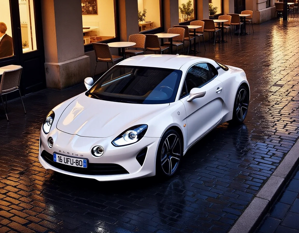 From a high vantage point, as if viewed from a second-floor Parisian window, the white Alpine A110 is a striking vision on the rain-soaked cobblestone street below. The carâs glossy white body glistens in the wet night, reflecting the soft golden glow of nearby streetlamps and cafÃ© lights. From above, the elegant shape of the A110 is accentuated, its curves flowing gracefully as it sits amidst the shimmering reflections of the city. The wet cobblestones beneath create a textured surface, their uneven patterns enhanced by the rain. Surrounding the car, the ambiance of Paris at night hums softlyâcafÃ© tables, softly lit windows, and misty rain filling the cool air, while the Alpine A110, in its pristine white, commands attention as a symbol of modern elegance in the timeless city.
It writes "16 UFU 80" on the license plate.
 <lora:uai_AlpineA110_v206:1>