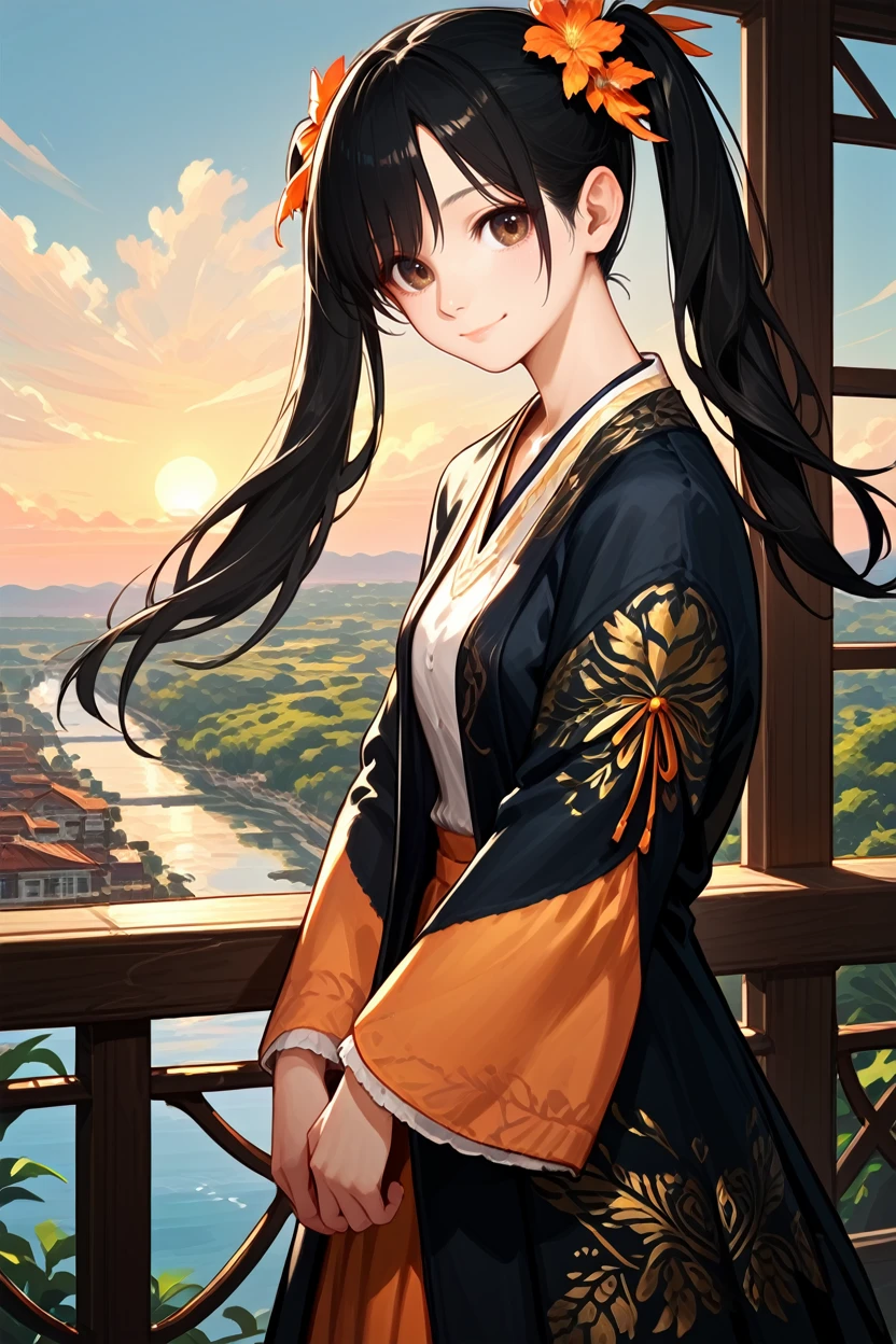 score_9, score_8_up, score_7_up, 
<lora:TKXiaoyu:0.8>
TKXiaoyu, 1girl, twin tails, black hair, brown eyes, looking at viewer, soft smile, standing on balcony, leaning on railing, overlooking ocean, gentle breeze, sunset