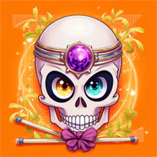 orange background, multicolored eyes, collar, skull, purple gemstone, headband, looking at viewer, drumsticks, flower