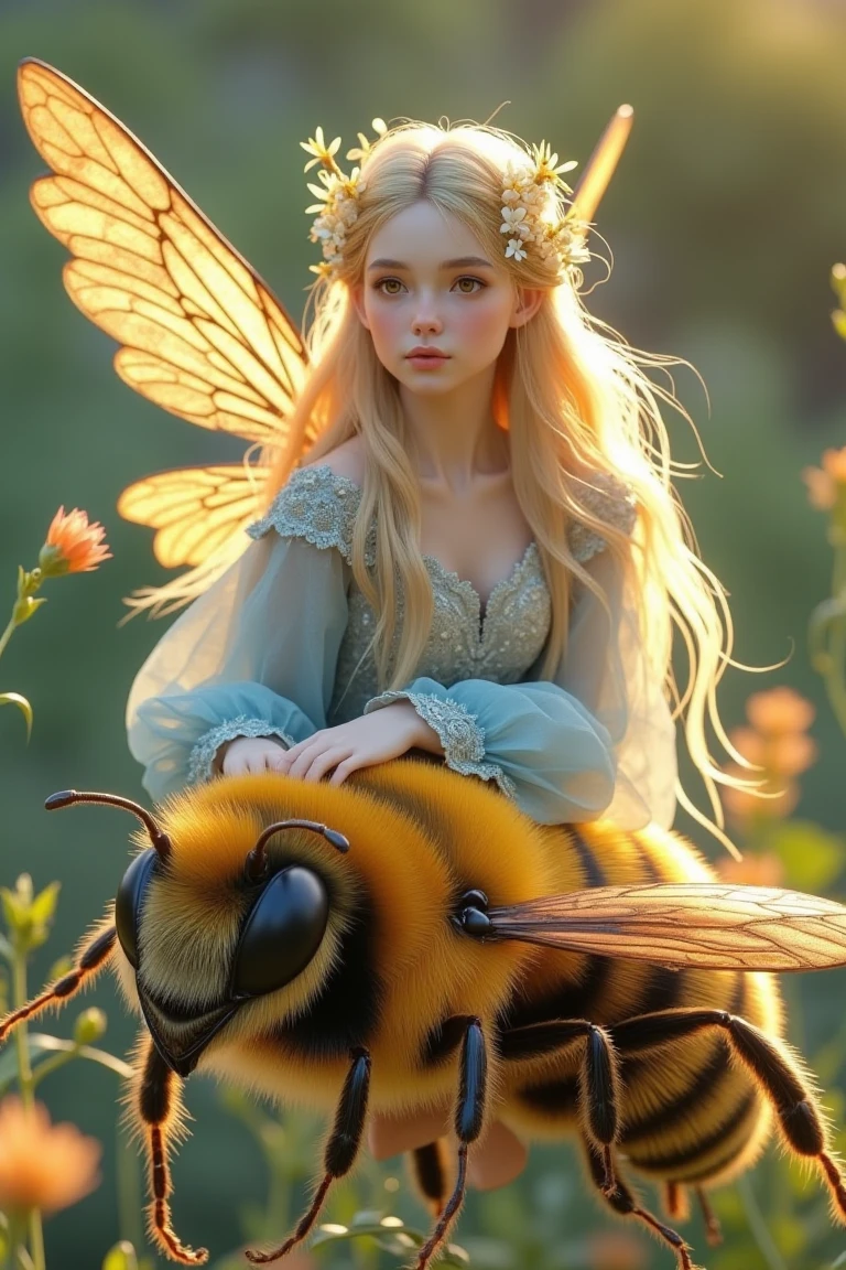 The image is a highly detailed, photorealistic CGI artwork depicting a fantastical scene. A young woman with long, flowing, golden-blonde hair adorned with delicate white flowers is riding on a large, vibrant bumblebee. The woman's skin is a soft, peachy tone, and she has a serene expression. She is wearing a delicate, sheer, light blue, long-sleeved dress with intricate lace detailing around the edges.