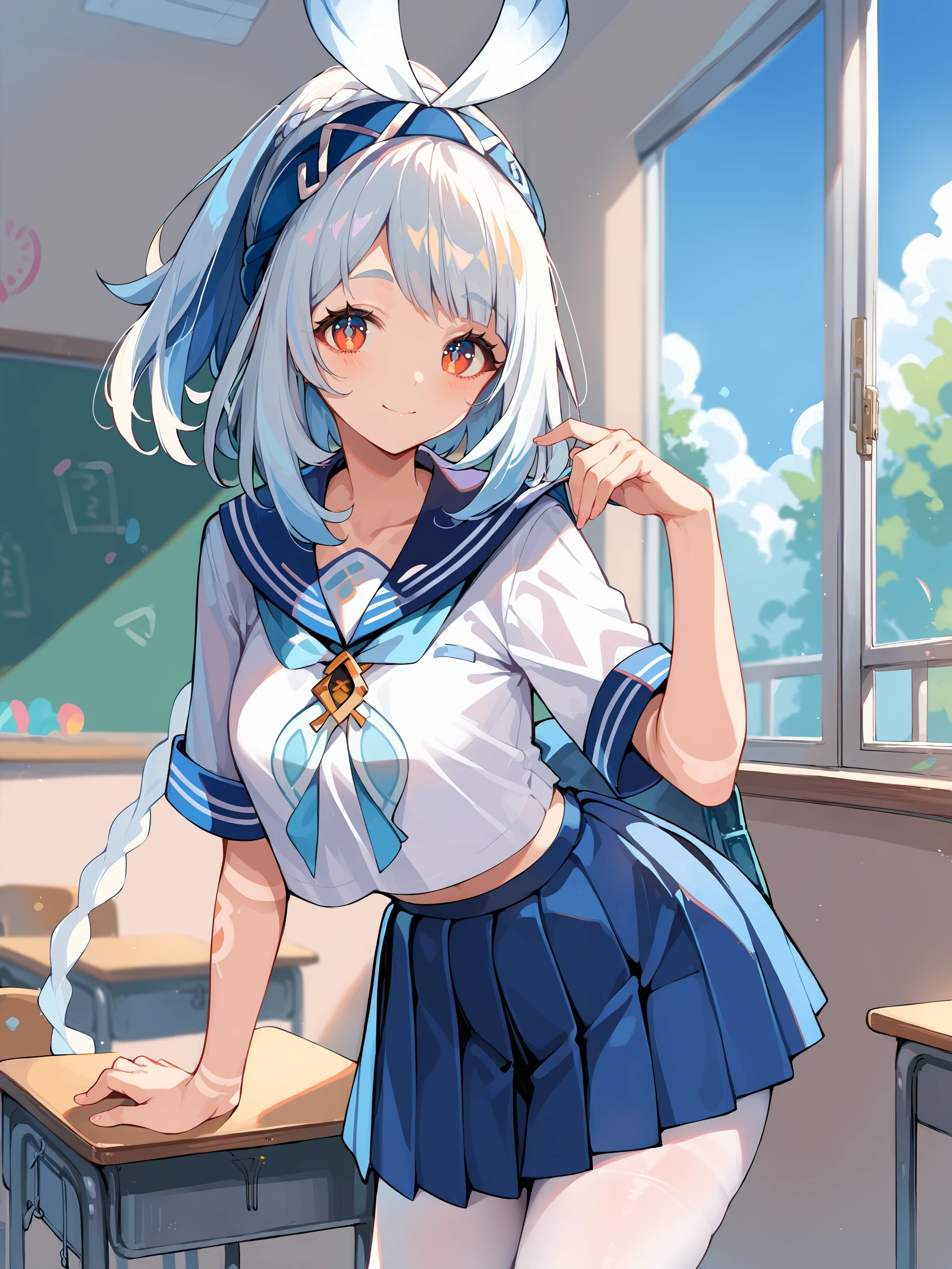 1girl, mualani \(genshin impact\), bow hairband, body paint, cowboy shot, looking at viewer, light smile, serafuku, sailor collar, pleated skirt, white pantyhose, classroom, window, depth of field <lora:Char-Genshin-Mualani-V1-Pony:0.9>, score_9, score_8_up, score_7_up, source_anime