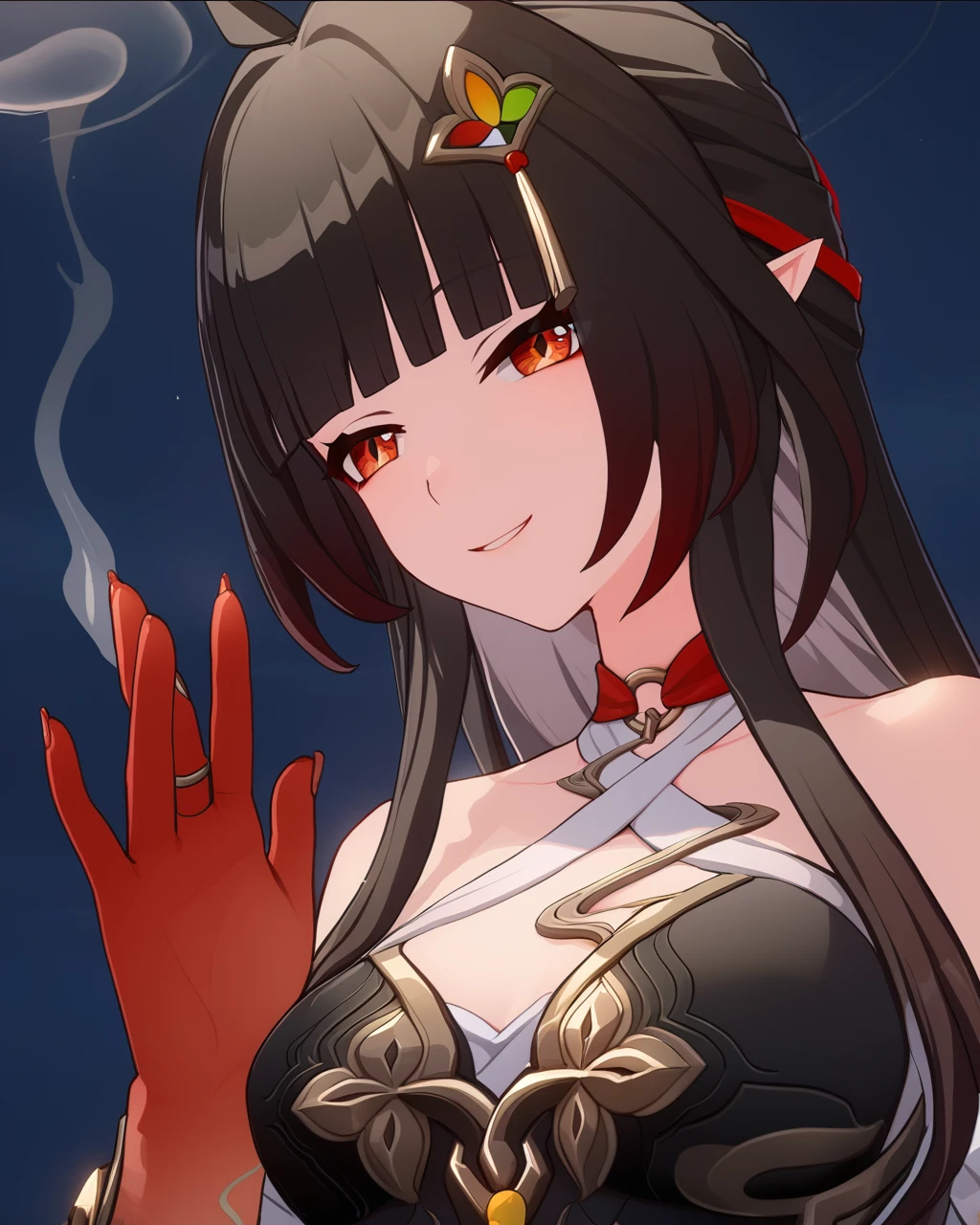 <lora:lingsha_reisa_animagine30_loraplus-000015:0.9> game cg, 1girl, lingsha, red limbs, orange eyes, black hair, multicolored hair, long hair, bangs, pointy ears, 
smile, smoke, upper body,, masterpiece,best quality,