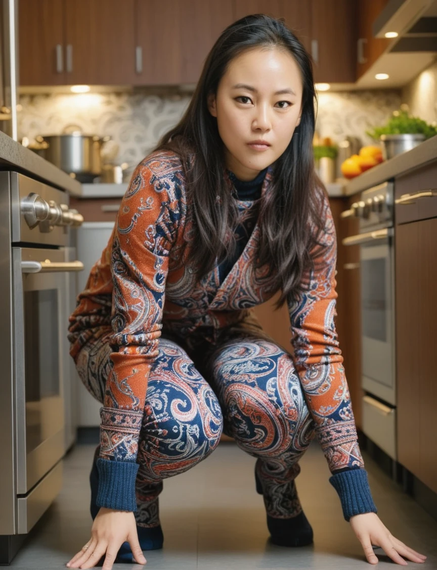 a professional sharp focus absurdres intricately detailed photograph of a beautiful Noémie_Nakai,
crouching in a luxurious modern kitchen and attempting to pull a demon from the oven, 
wearing paisley pants with a long knit cardigan sweater over a turtleneck long-sleeved shirt,
 <lora:Noémie_Nakai-SDXLe15:1>